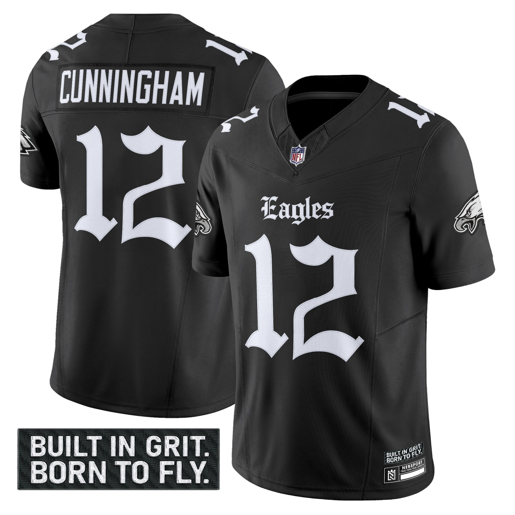 Hunk Wear - Philadelphia Eagles Gothic Philly Edition Vapor Limited Jersey V2 â€“ All Stitched â€“ Black â€“ Randall Cunningham Jersey