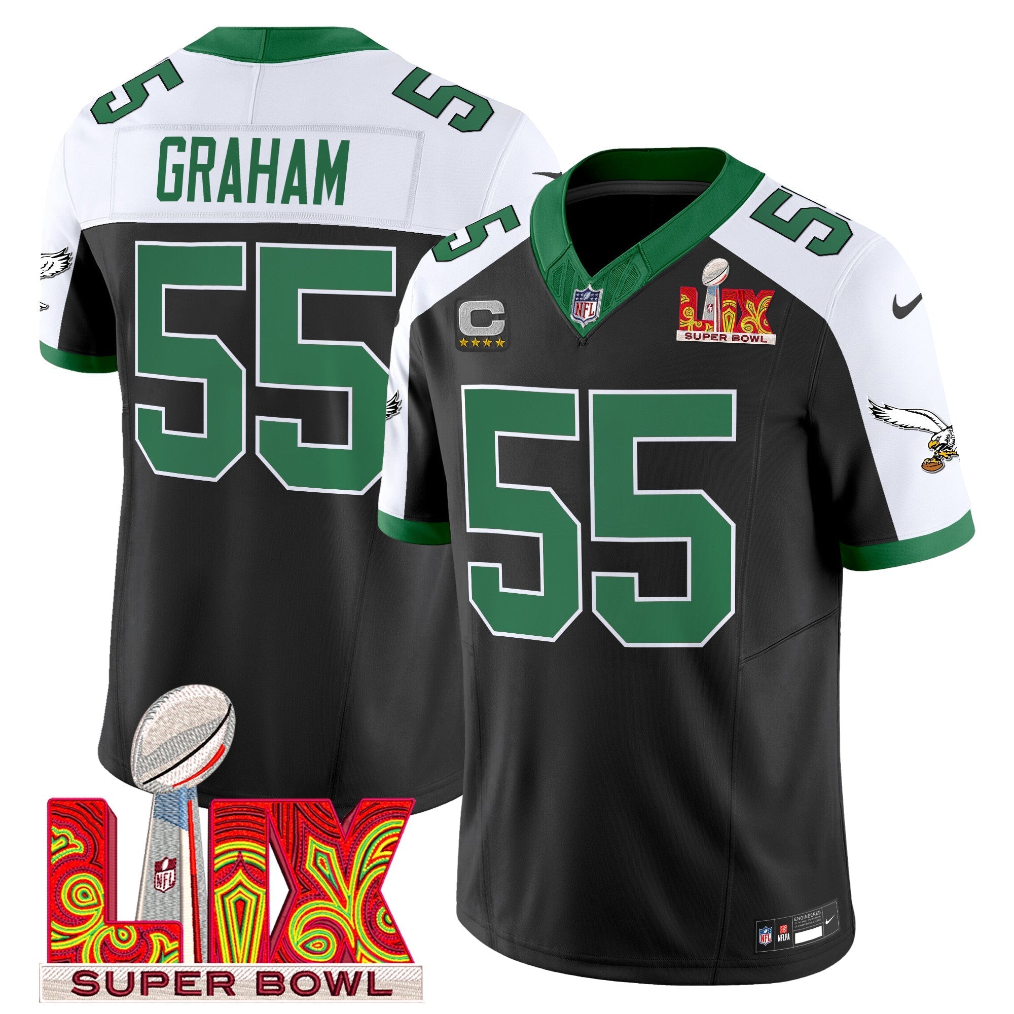 Hunk Wear - Philadelphia Eagles Kelly Green Super Bowl LIX Patch Vapor Limited Jersey â€“ All Stitched â€“ Black Alternate â€“ Brandon Graham Jersey