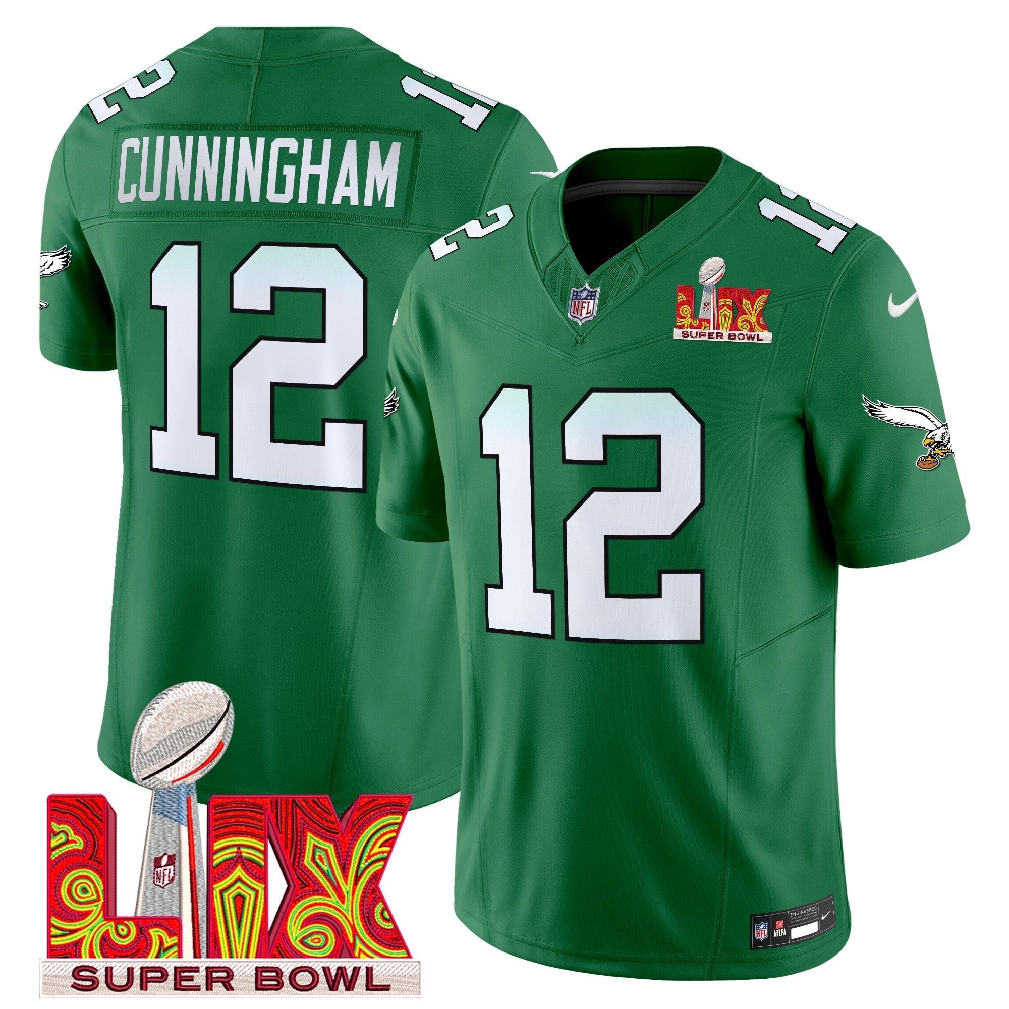 Hunk Wear - Philadelphia Eagles Kelly Green Super Bowl LIX Patch Vapor Limited Jersey â€“ All Stitched â€“ Kelly Green â€“ Randall Cunningham Jersey