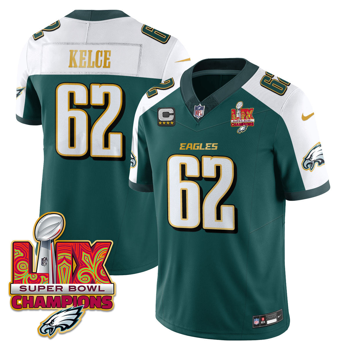 Hunk Wear - Philadelphia Eagles Super Bowl LIX Champions Gold Trim Vapor Limited Jersey â€“ All Stitched â€“ Jason Kelce â€“ Green Alternate Jersey