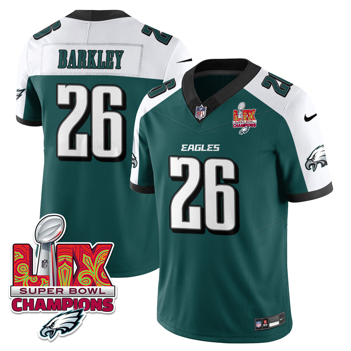 Hunk Wear - Philadelphia Eagles Super Bowl LIX Champions Gold Vapor Limited Jersey â€“ All Stitched â€“ Saquon Barkley â€“ Green Alternate Jersey