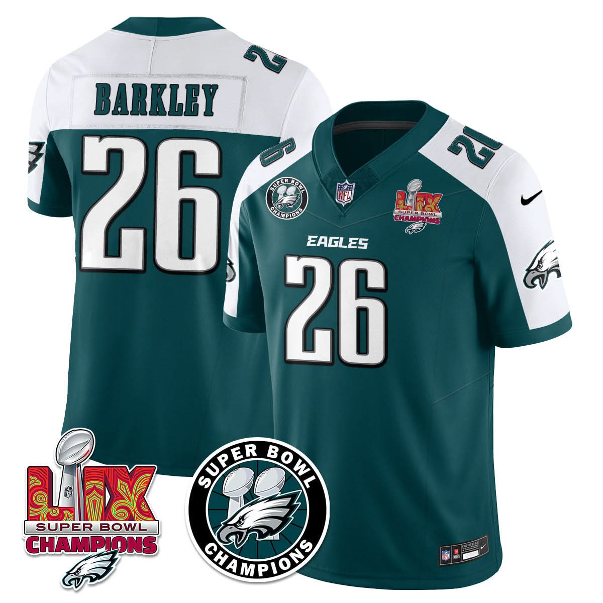 Hunk Wear - Philadelphia Eagles Super Bowl LIX Champions Jersey ' All Stitched ' Alternate Green ' Saquon Barkley ' 26 Jersey