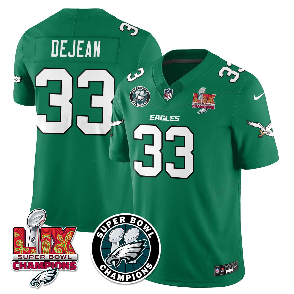 Hunk Wear - Philadelphia Eagles Super Bowl LIX Champions Jersey ' All Stitched ' Kelly Green ' Cooper DeJean ' 33 Jersey