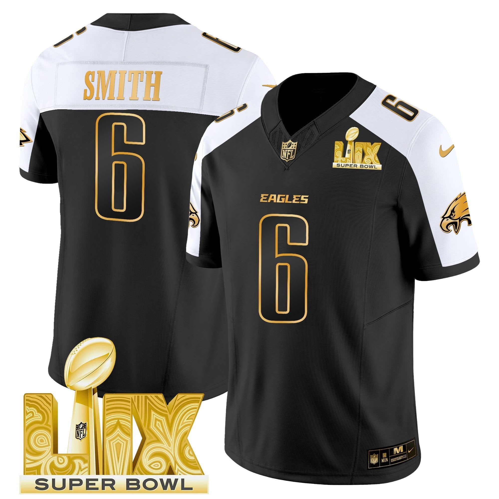 Hunk Wear - Philadelphia Eagles Super Bowl LIX Patch Gold Vapor Limited Jersey – All Stitched – Alternate – DeVonta Smith Jersey