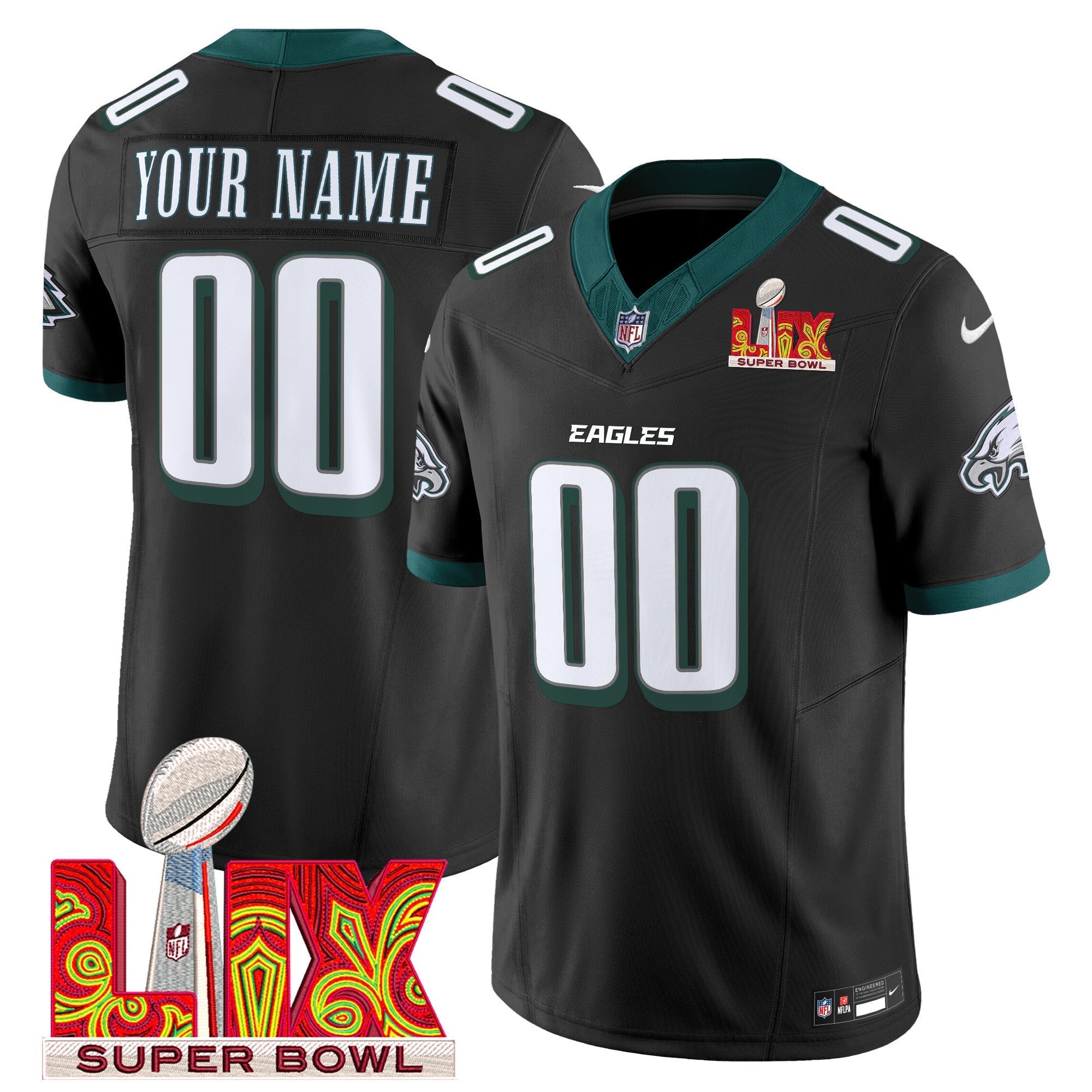 Hunk Wear - Philadelphia Eagles Super Bowl LIX Patch Vapor Limited Custom Jersey â€“ All Stitched â€“ Black Jersey