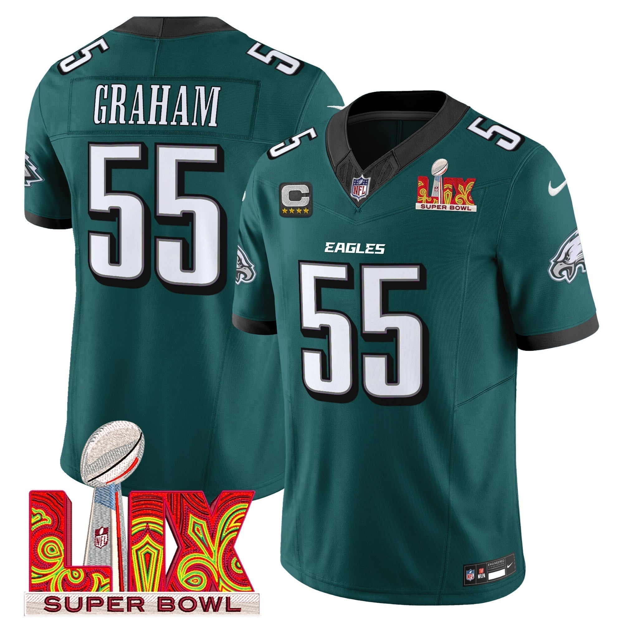 Hunk Wear - Philadelphia Eagles Super Bowl LIX Patch Vapor Limited Jersey ' All Stitched ' Midnight Green ' Brandon Graham Jersey