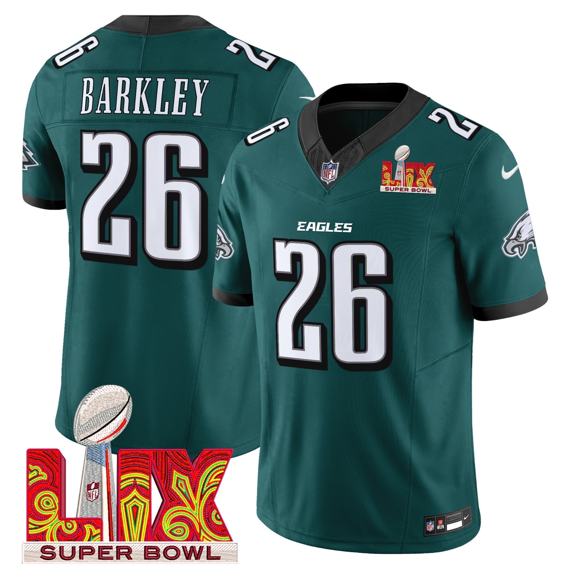 Hunk Wear - Philadelphia Eagles Super Bowl LIX Patch Vapor Limited Jersey ' All Stitched ' Midnight Green ' Saquon Barkley Jersey