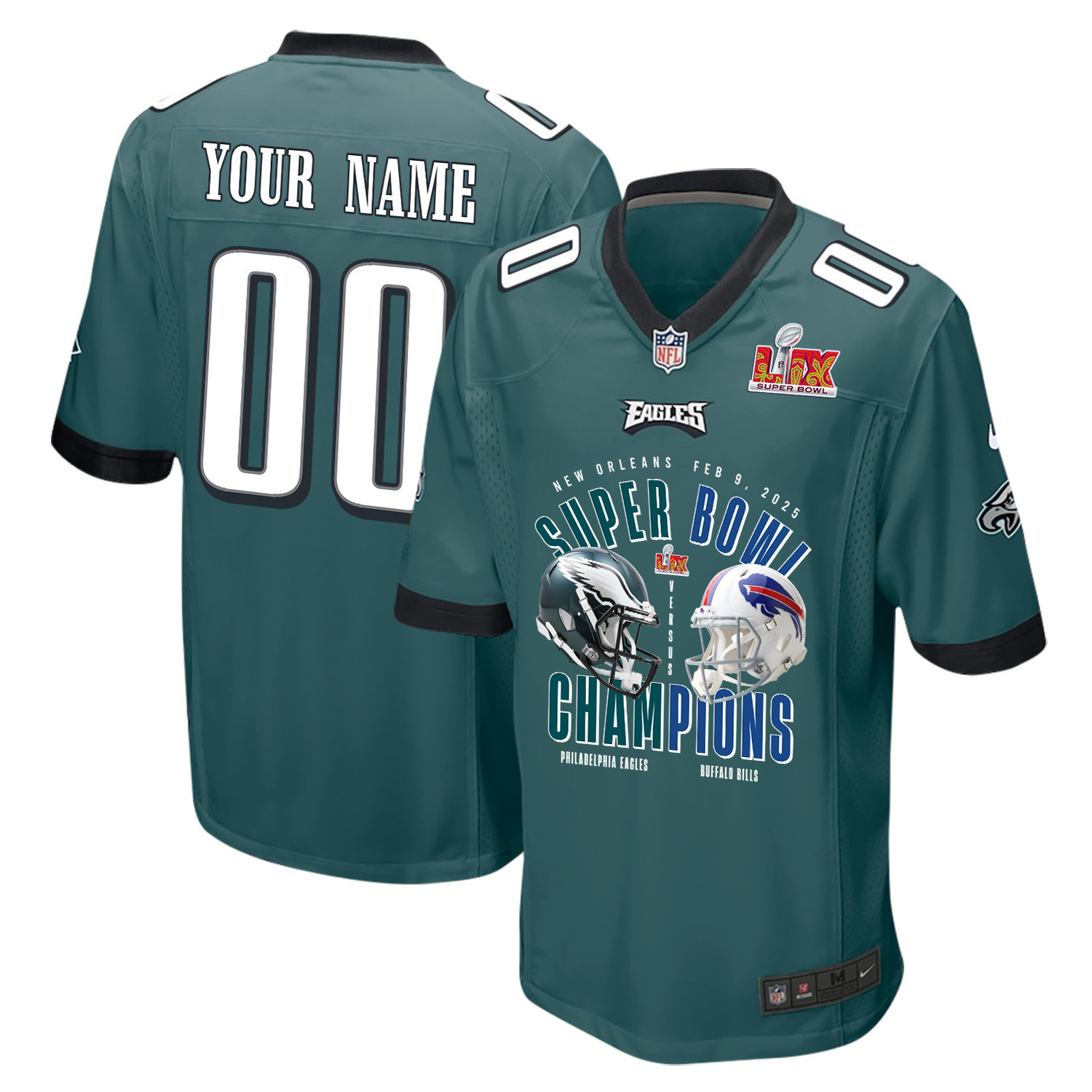 Hunk Wear - Philadelphia Eagles Vs. Buffalo Bills Super Bowl LIX Game Men Custom Jersey ' Midnight Green