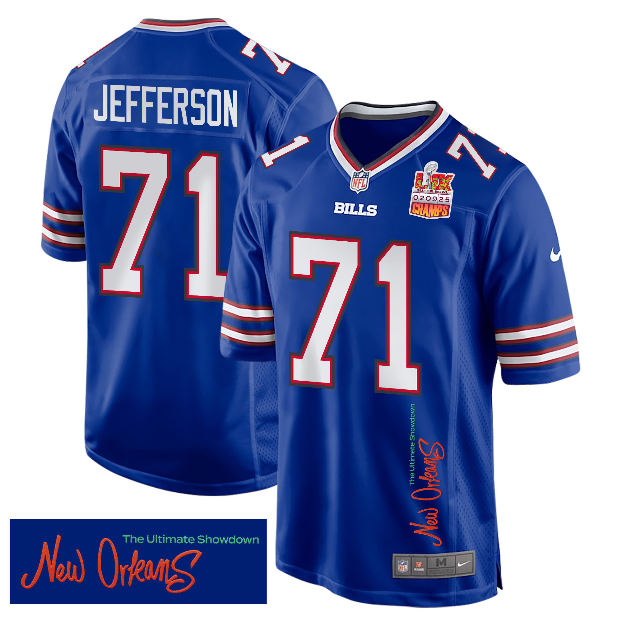 Hunk Wear - Quinton Jefferson 71 Buffalo Bills Super Bowl LIX Champions Patch 'New Orleans ' The Ultimate Showdown' EMBROIDERED Game Men Jersey ' Royal