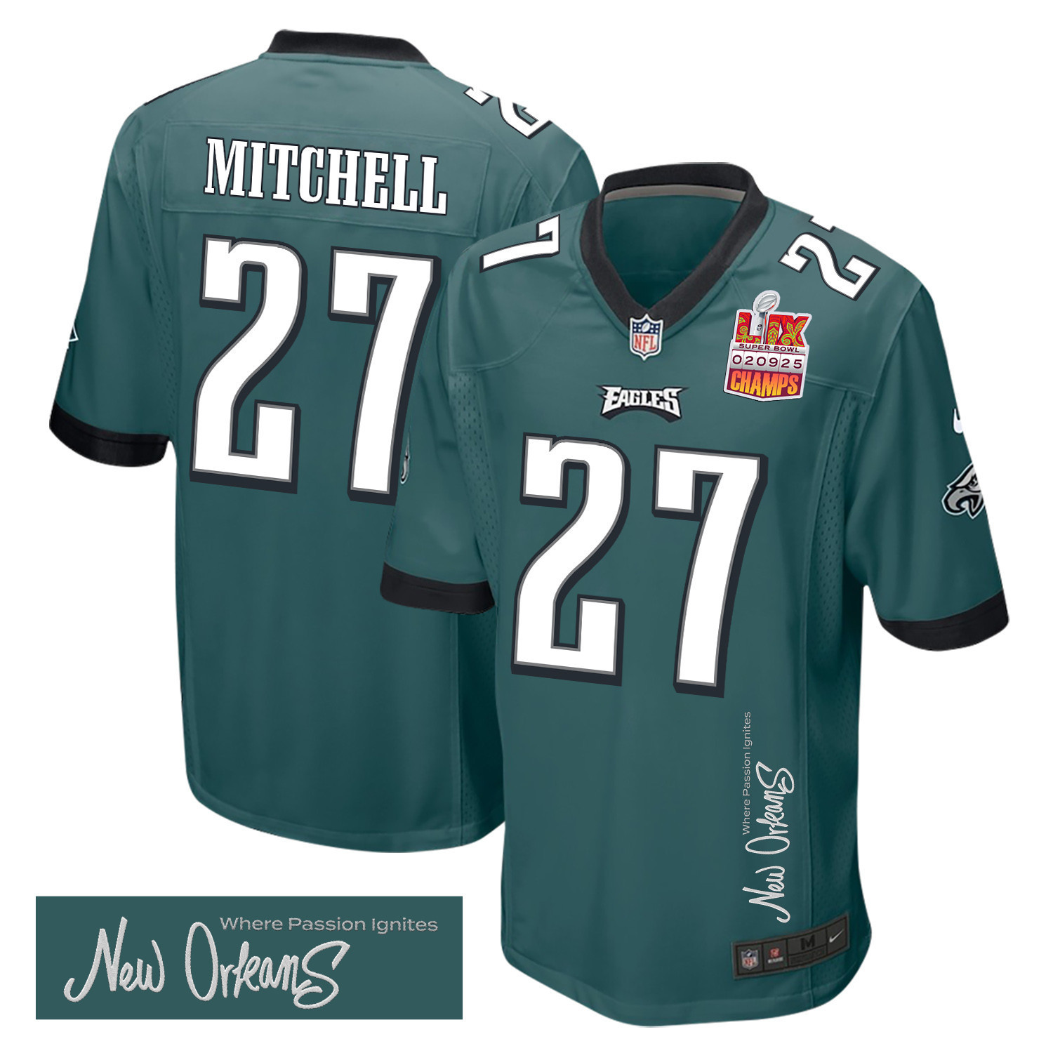 Hunk Wear - Quinyon Mitchell 27 Philadelphia Eagles Super Bowl LIX Champions Patch 'New Orleans ' Where Passion Ignites' EMBROIDERED Game Men Jersey ' Midnight Green