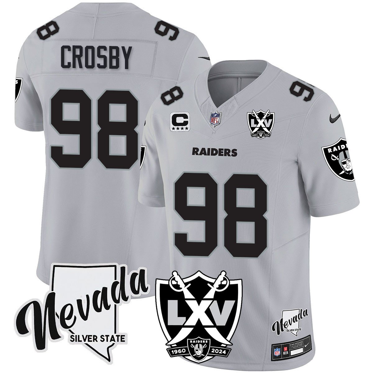 Hunk Wear - Raiders 2024 Vapor Limited Jersey ' 65th Anniversary ' All Stitched ' Silver ' Maxx Crosby ' 98 Jersey
