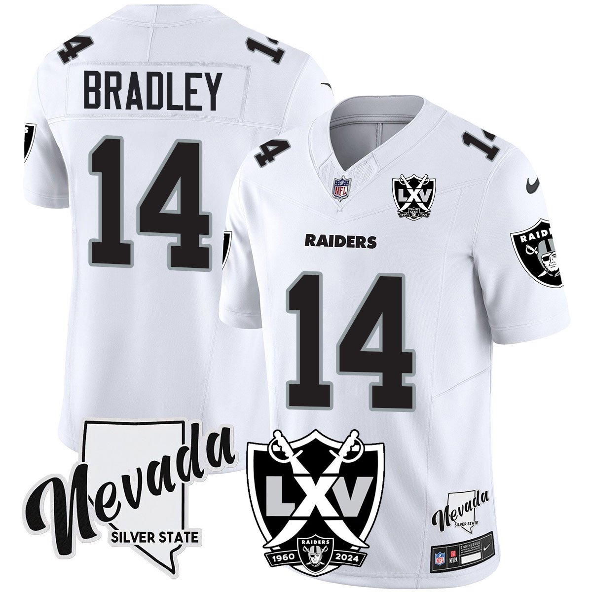 Hunk Wear - Raiders 2024 Vapor Limited Jersey ' 65th Anniversary ' All Stitched ' White Limited ' Carter Bradley ' 14 Jersey