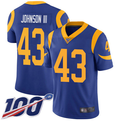 Hunk Wear - Rams #43 John Johnson III Royal Blue Alternate Men's Stitched Football 100th Season Vapor Limited Jersey