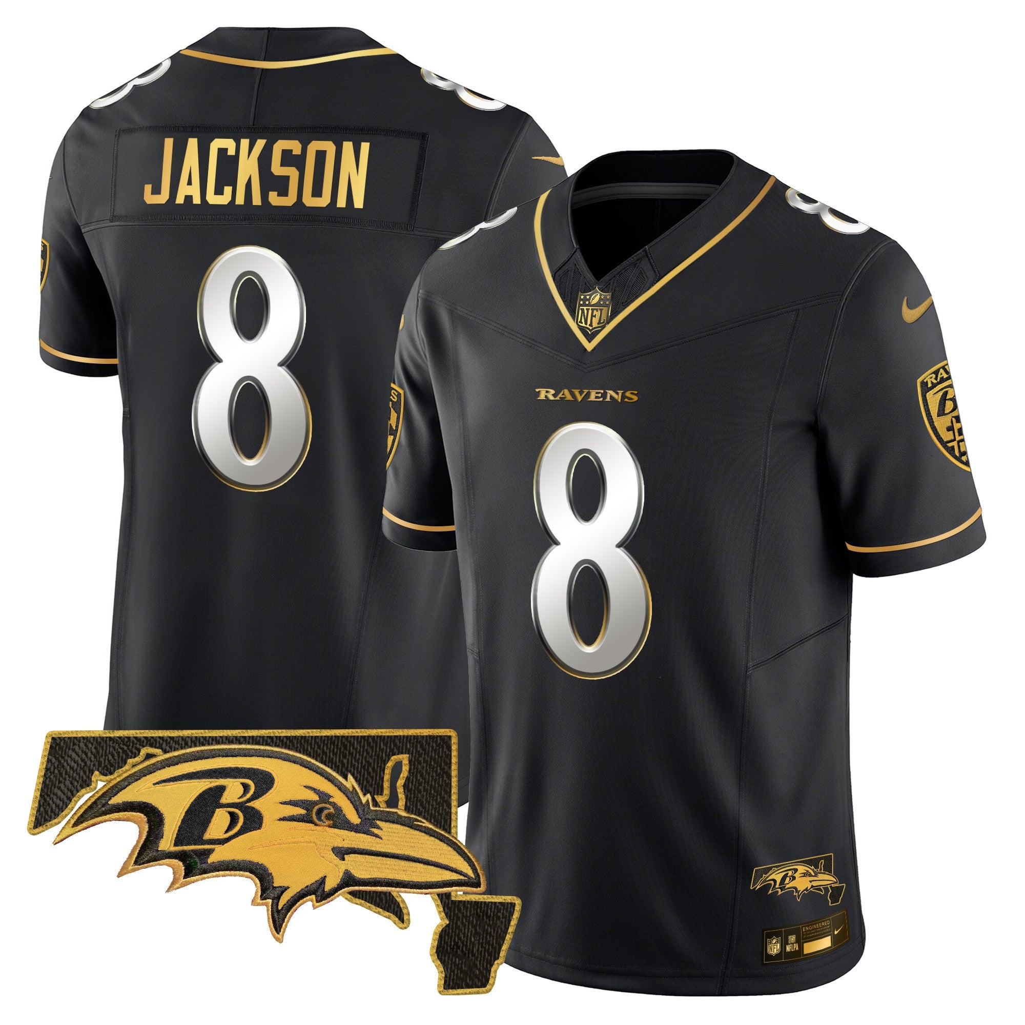 Hunk Wear - Ravens 2024 Gold Vapor Limited Jersey ' All Stitched ' Black Limited ' Lamar Jackson Jersey