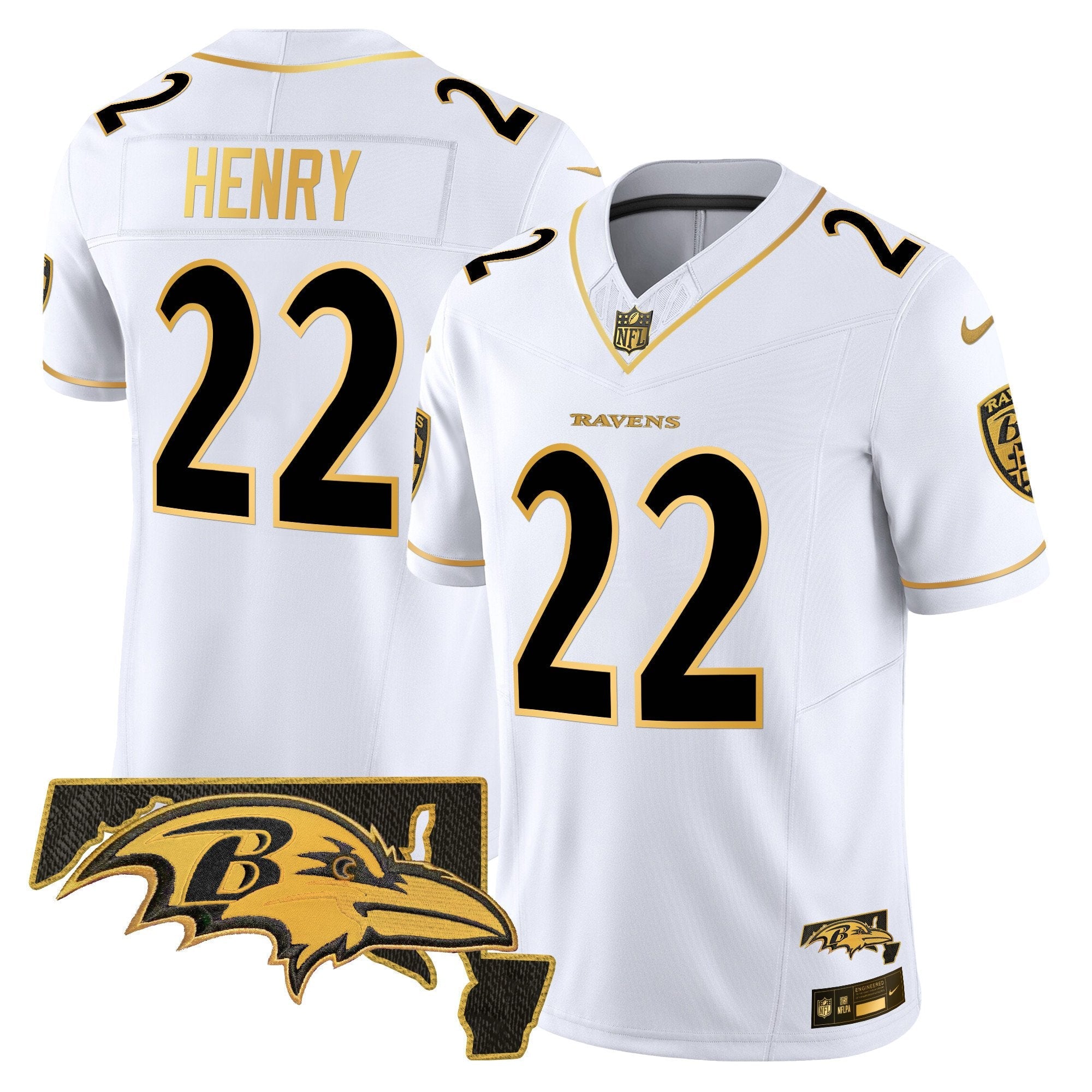 Hunk Wear - Ravens 2024 Gold Vapor Limited Jersey ' All Stitched ' White Gold ' Derrick Henry Jersey