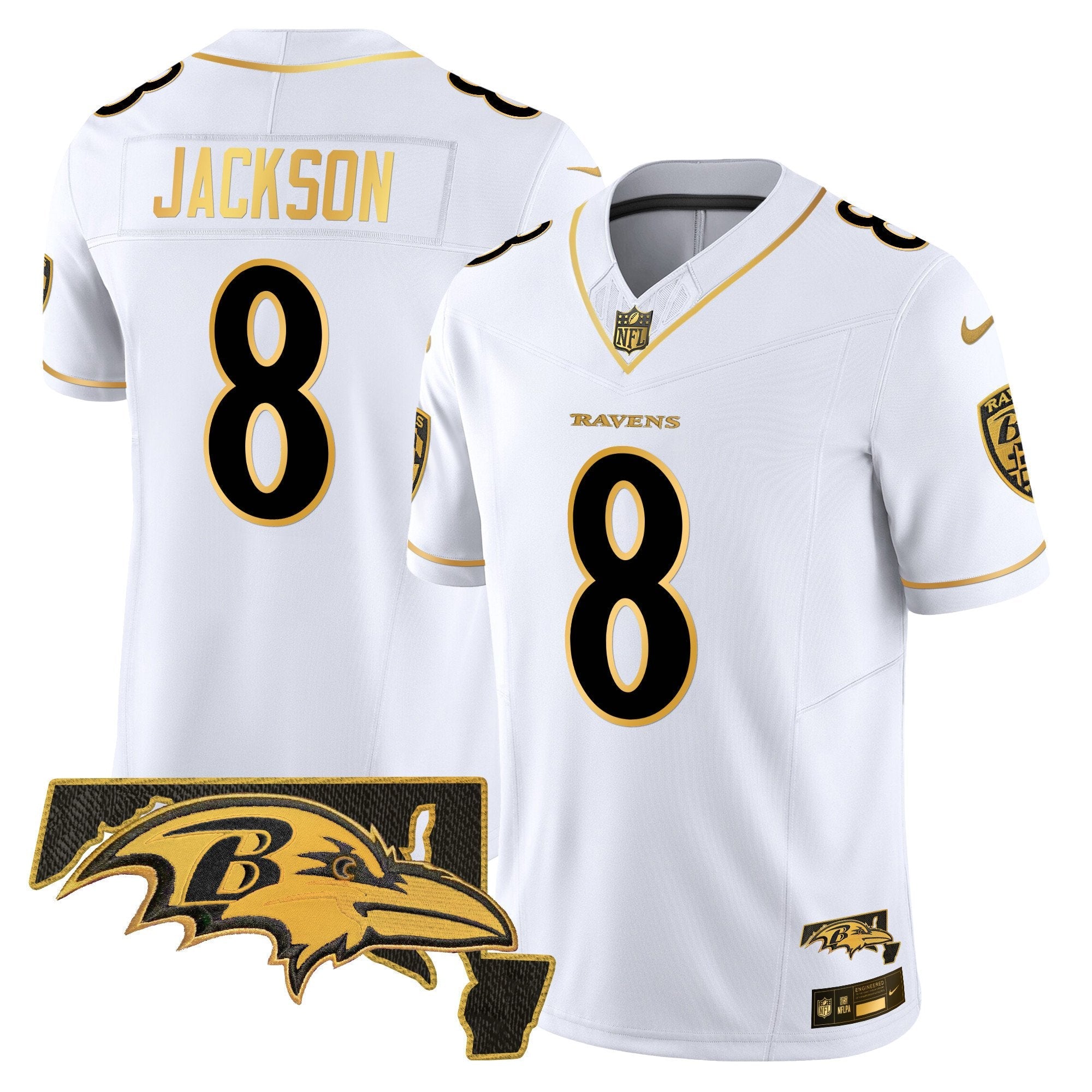 Hunk Wear - Ravens 2024 Gold Vapor Limited Jersey ' All Stitched ' White Gold ' Lamar Jackson Jersey