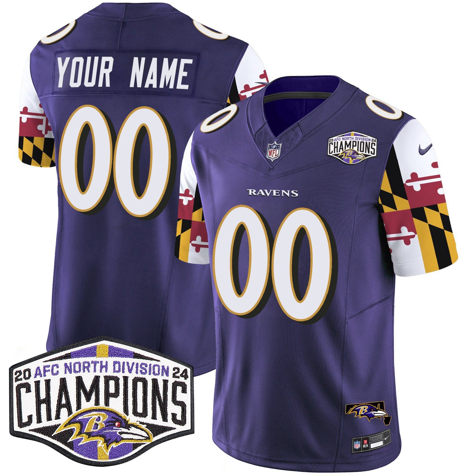 Hunk Wear - Ravens Maryland Flag 2024 AFC North Division Champions Patch Vapor Limited Custom Jersey ' All Stitched ' Purple Jersey