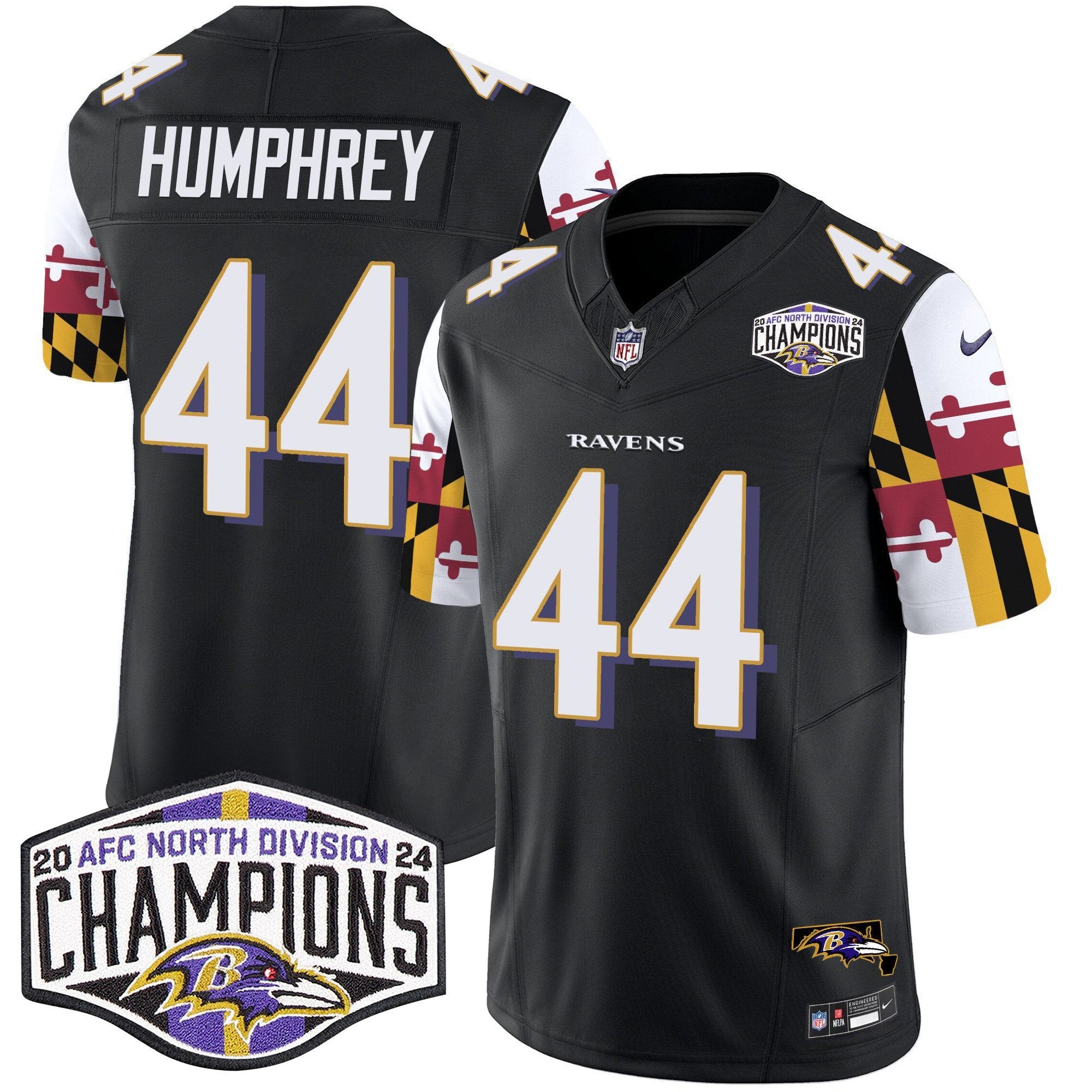Hunk Wear - Ravens Maryland Flag 2024 AFC North Division Champions Patch Vapor Limited Jersey ' All Stitched ' Black ' Marlon Humphrey Jersey