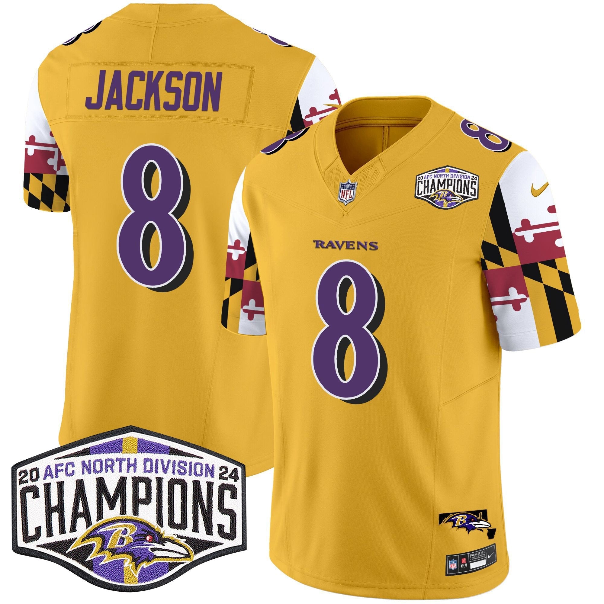 Hunk Wear - Ravens Maryland Flag 2024 AFC North Division Champions Patch Vapor Limited Jersey ' All Stitched ' Gold ' Lamar Jackson Jersey