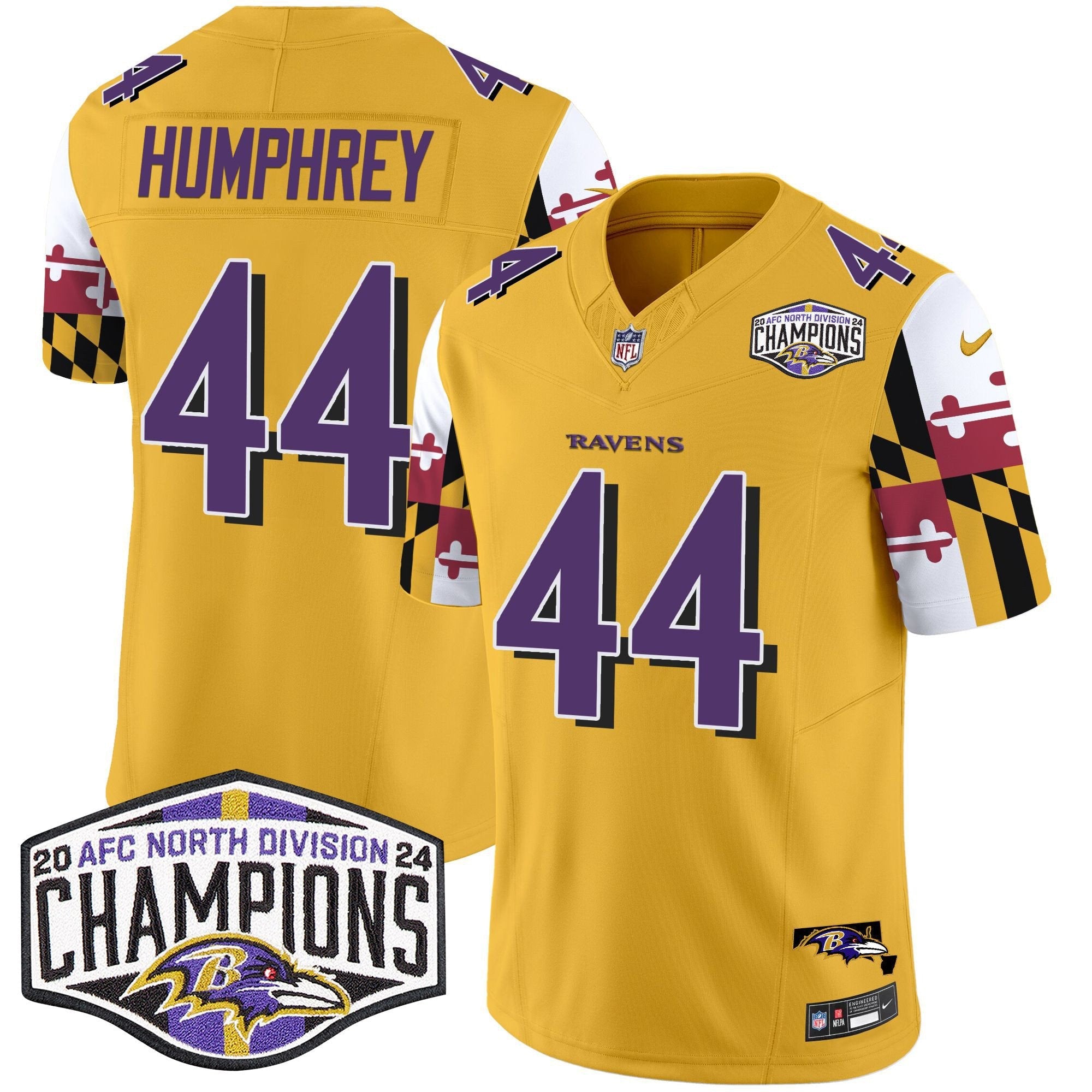 Hunk Wear - Ravens Maryland Flag 2024 AFC North Division Champions Patch Vapor Limited Jersey ' All Stitched ' Gold ' Marlon Humphrey Jersey