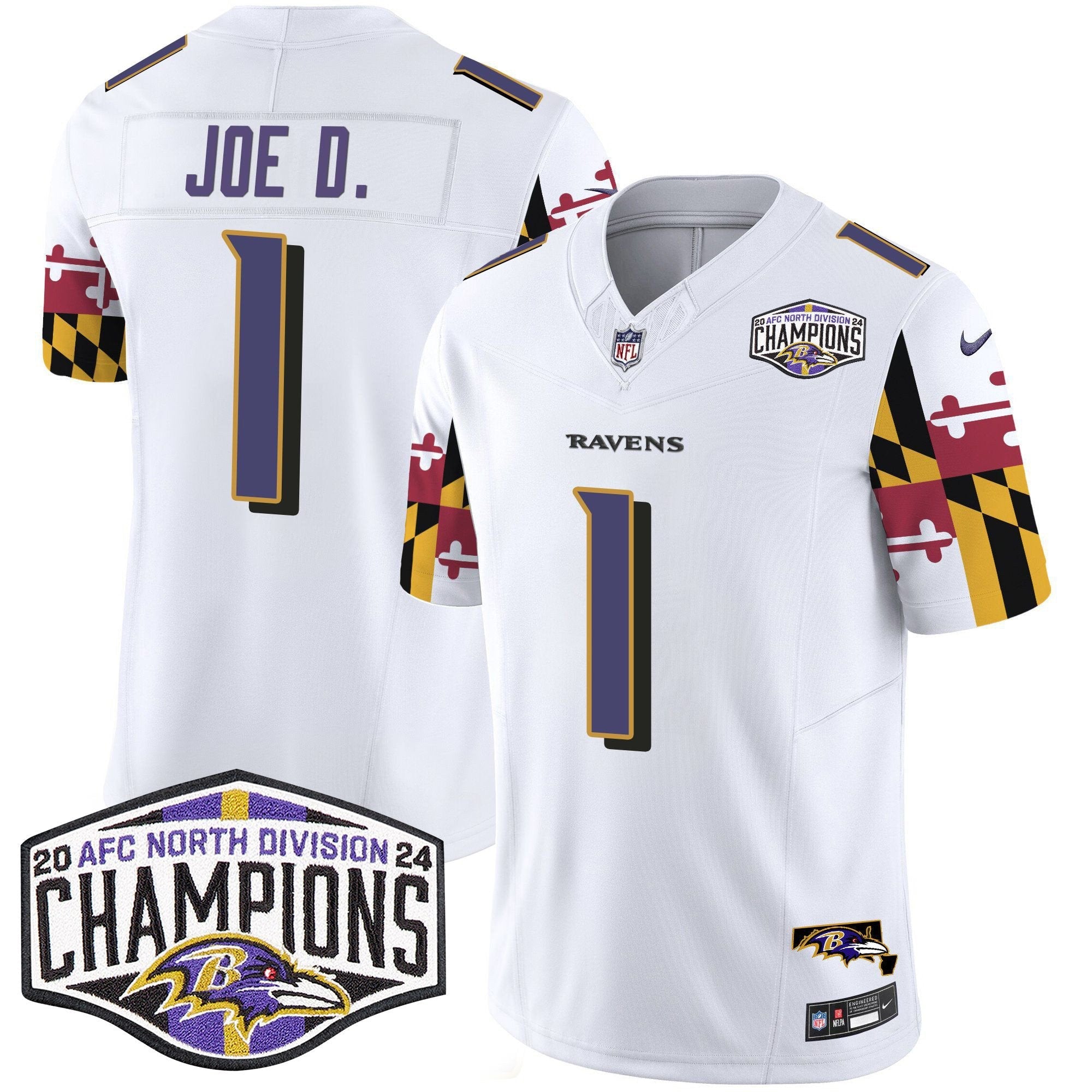 Hunk Wear - Ravens Maryland Flag 2024 AFC North Division Champions Patch Vapor Limited Jersey ' All Stitched ' White ' Joe D Jersey