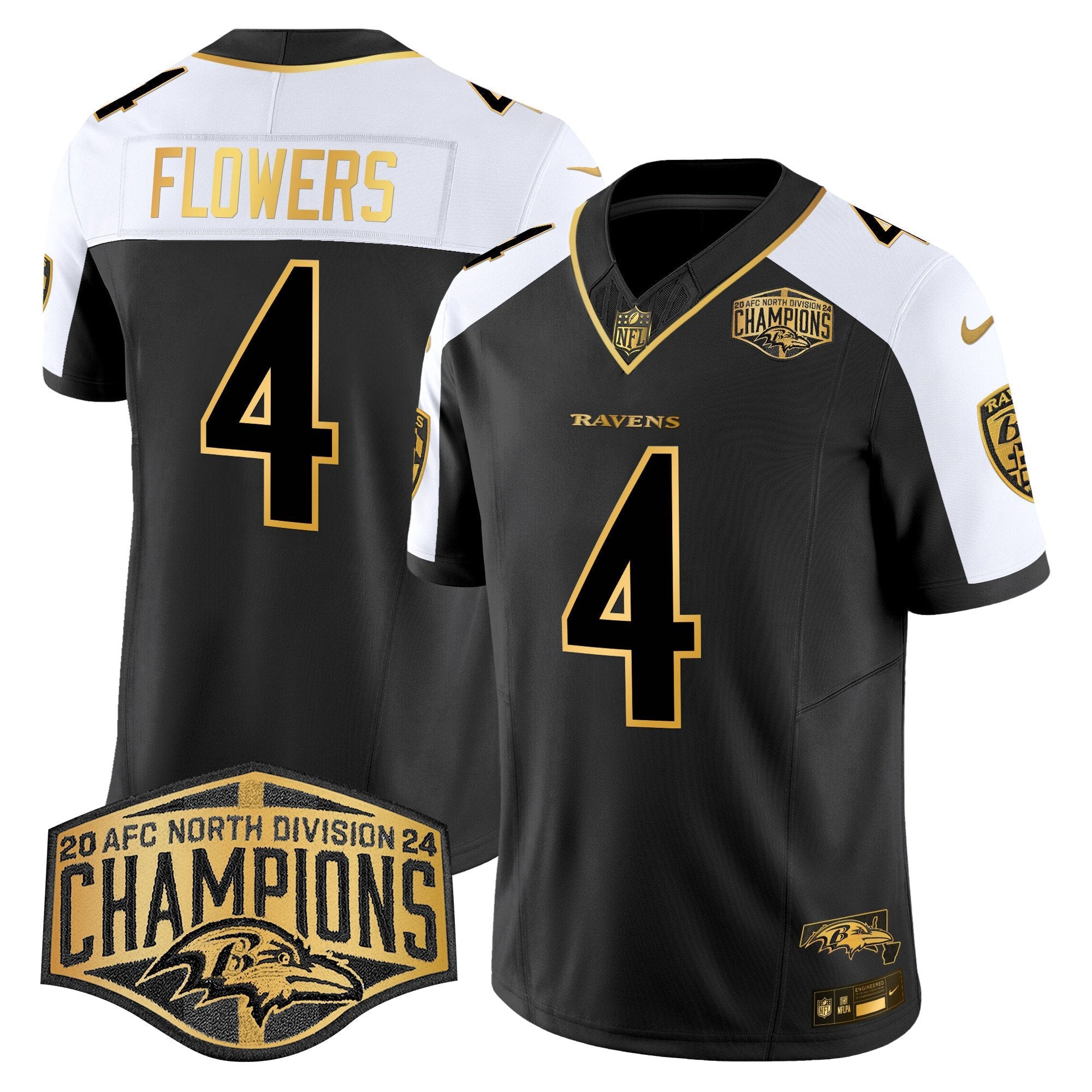 Hunk Wear - Ravens Maryland Flag Map 2024 AFC North Division Champions Patch Gold Vapor Limited Jersey ' All Stitched ' Alternate ' Zay Flowers Jersey