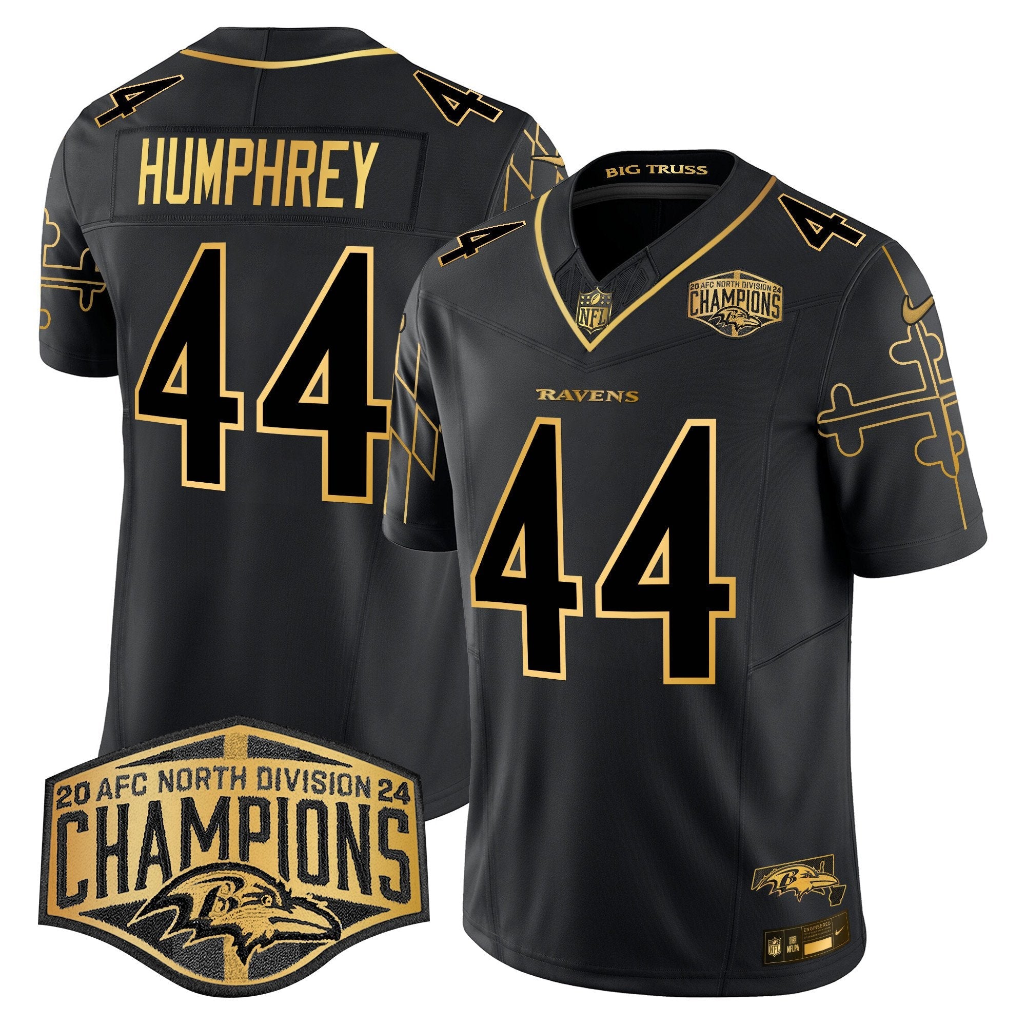 Hunk Wear - Ravens Maryland Flag Map 2024 AFC North Division Champions Patch Gold Vapor Limited Jersey ' All Stitched ' Black Gold ' Marlon Humphrey Jersey