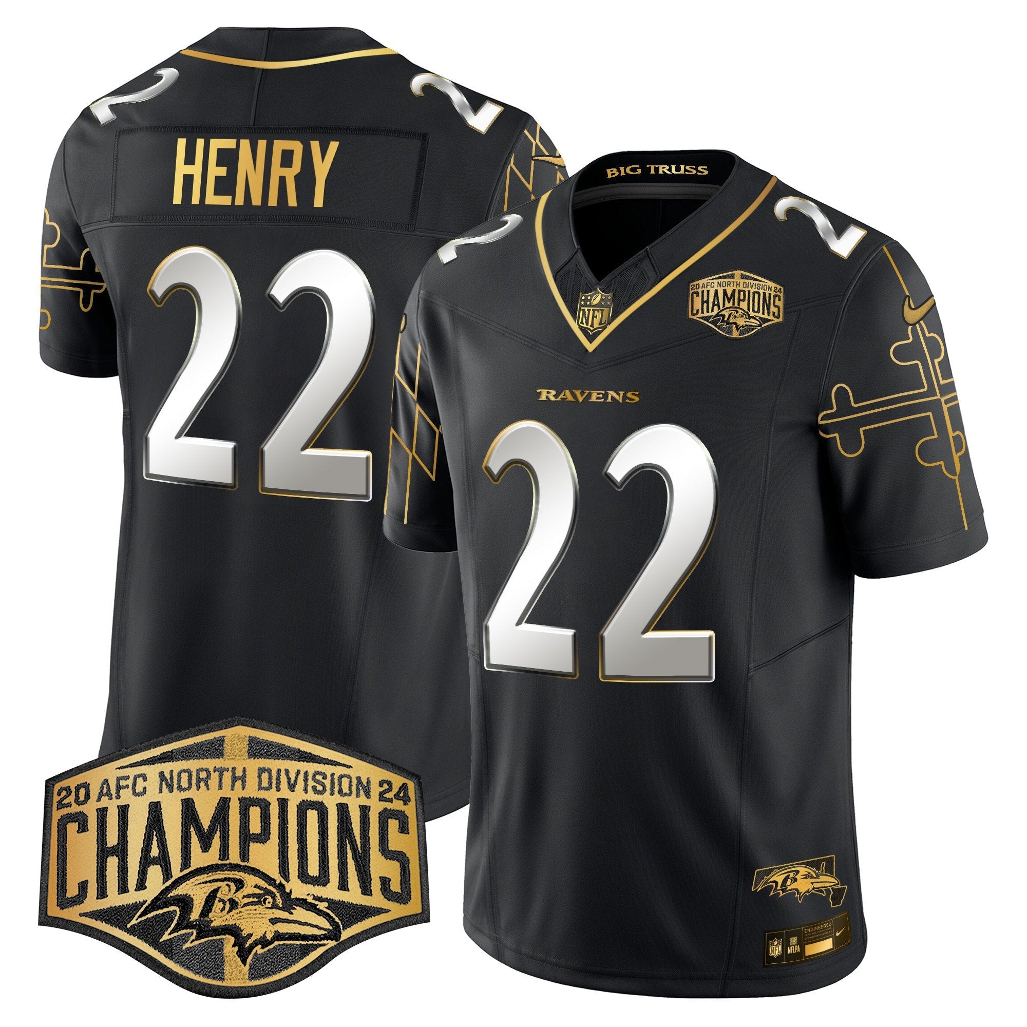 Hunk Wear - Ravens Maryland Flag Map 2024 AFC North Division Champions Patch Gold Vapor Limited Jersey ' All Stitched ' Black Limited ' Derrick Henry Jersey