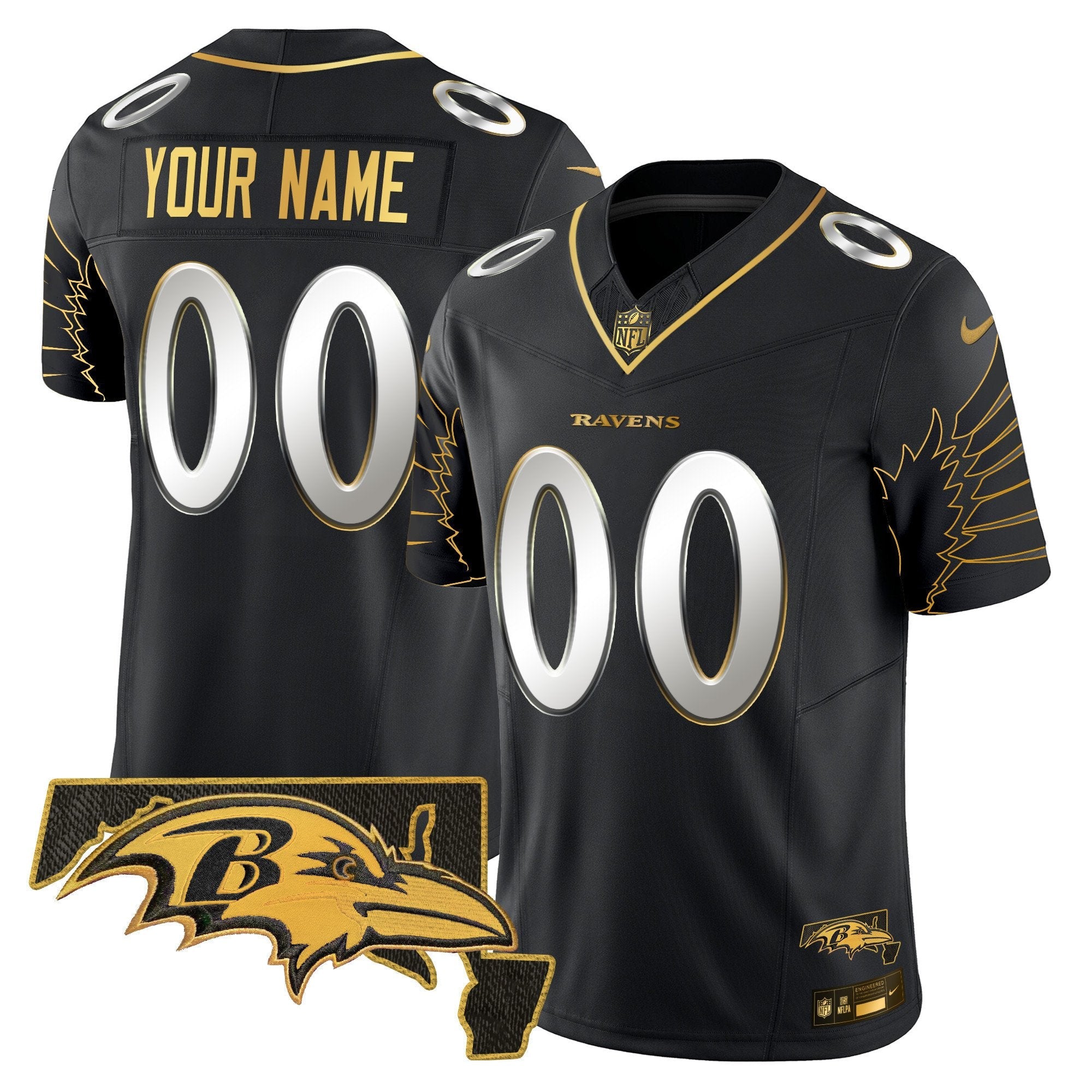 Hunk Wear - Ravens Maryland Patch Gold Vapor Limited Custom Jersey V2 ' All Stitched ' Black Limited Jersey