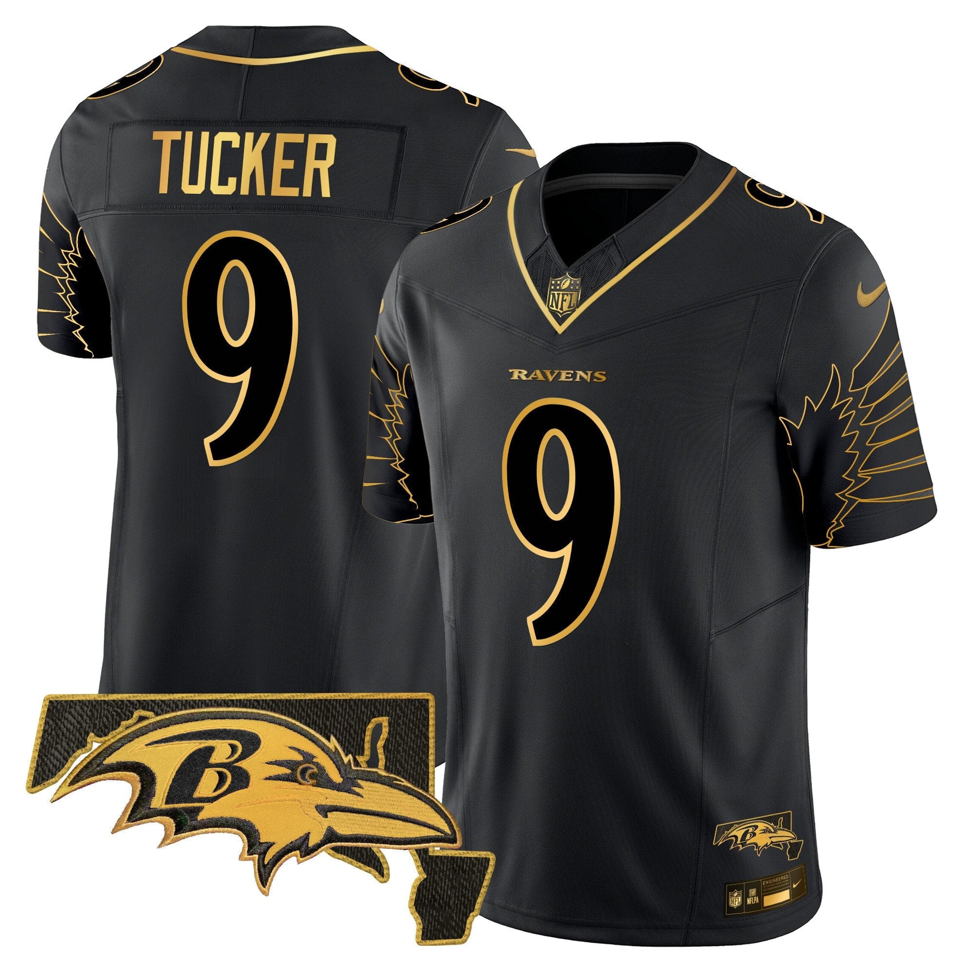 Hunk Wear - Ravens Maryland Patch Gold Vapor Limited Jersey V2 ' All Stitched ' Black Gold ' Justin Tucker Jersey