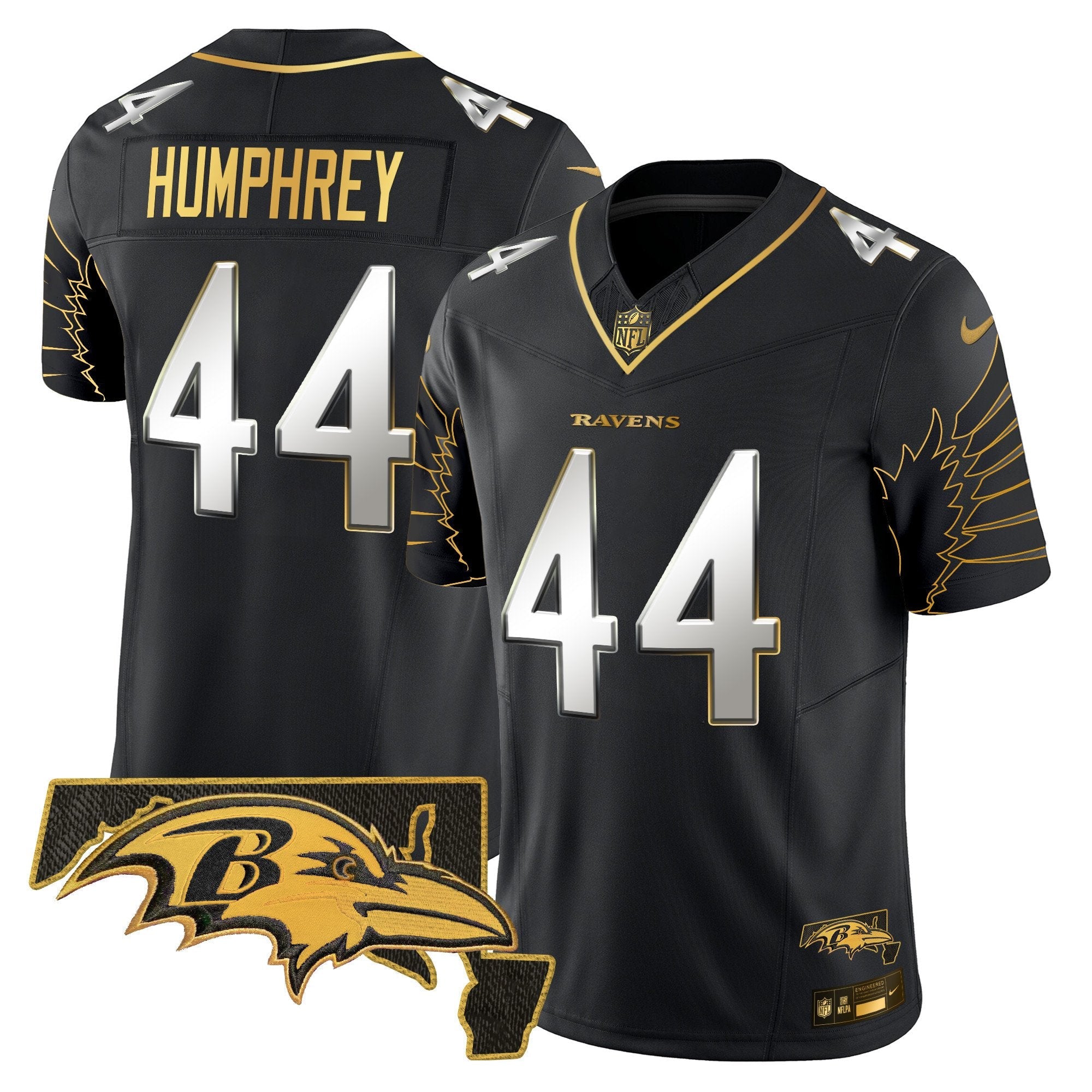 Hunk Wear - Ravens Maryland Patch Gold Vapor Limited Jersey V2 ' All Stitched ' Black Limited ' Marlon Humphrey Jersey