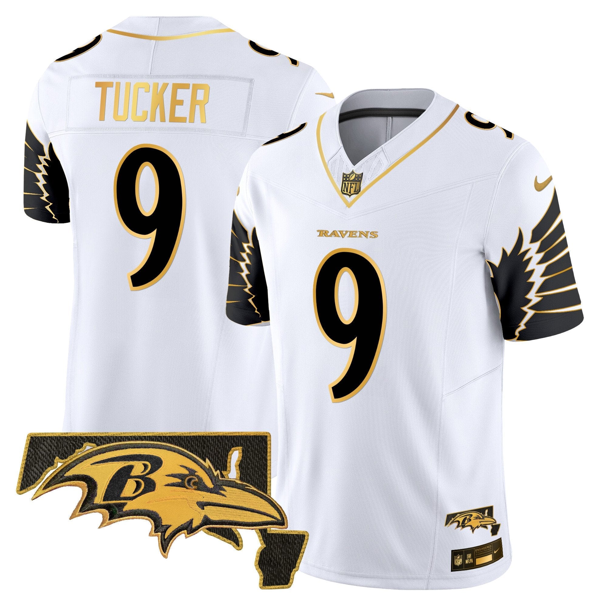 Hunk Wear - Ravens Maryland Patch Gold Vapor Limited Jersey V2 ' All Stitched ' White Gold ' Justin Tucker Jersey
