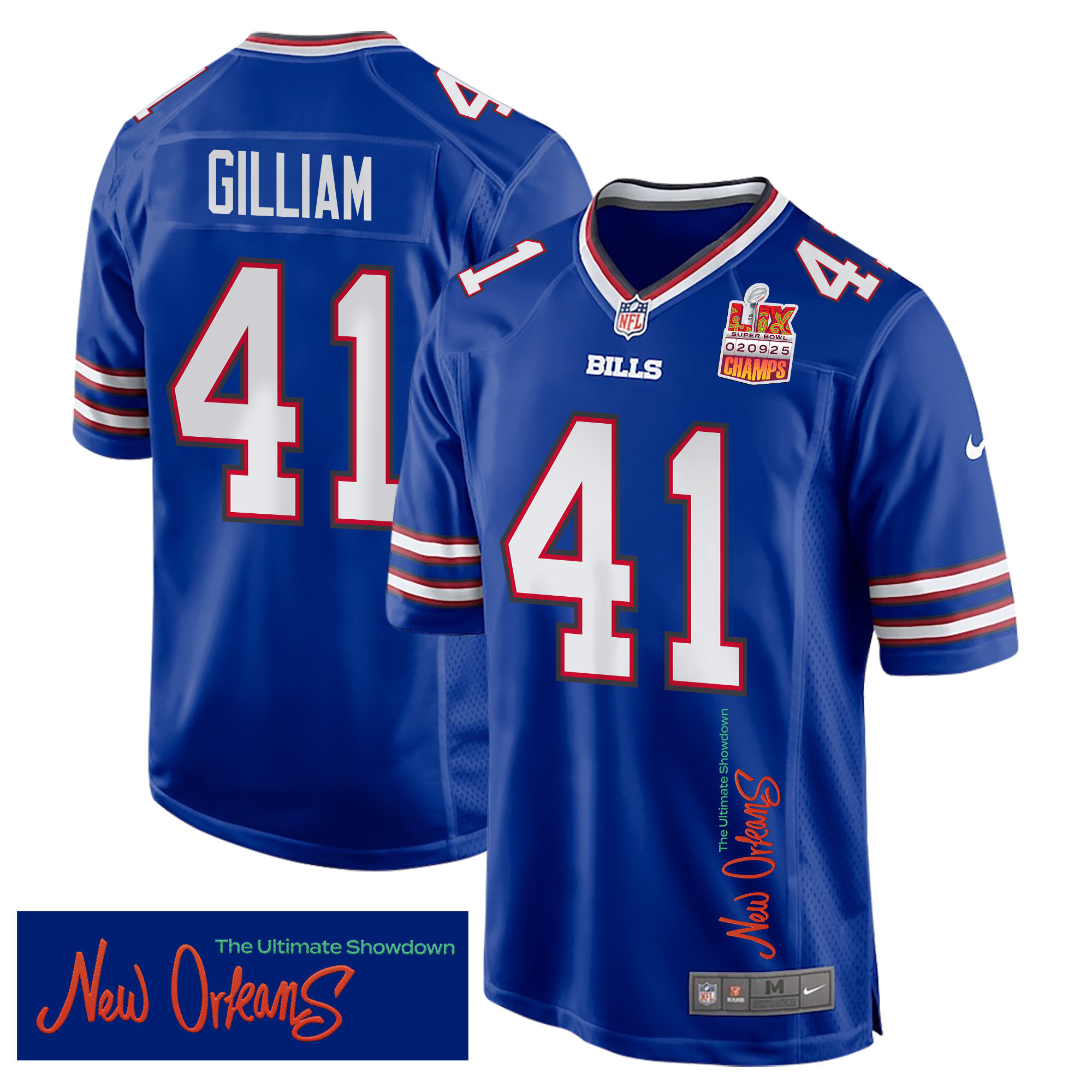 Hunk Wear - Reggie Gilliam 41 Buffalo Bills Super Bowl LIX Champions Patch 'New Orleans ' The Ultimate Showdown' EMBROIDERED Game Men Jersey ' Royal