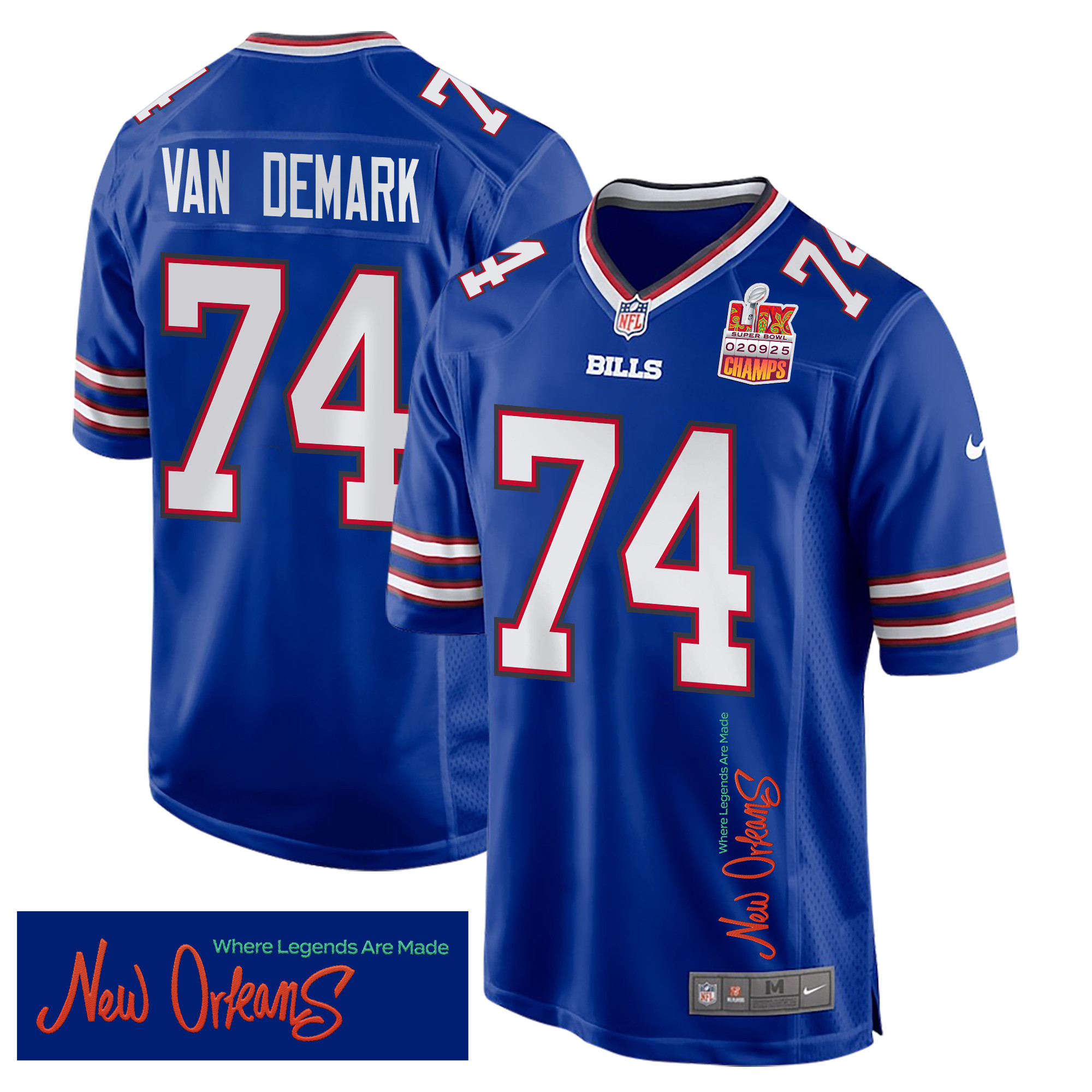 Hunk Wear - Ryan Van Demark 74 Buffalo Bills Super Bowl LIX Champions Patch 'New Orleans ' Where Legends Are Made' EMBROIDERED Game Men Jersey ' Royal