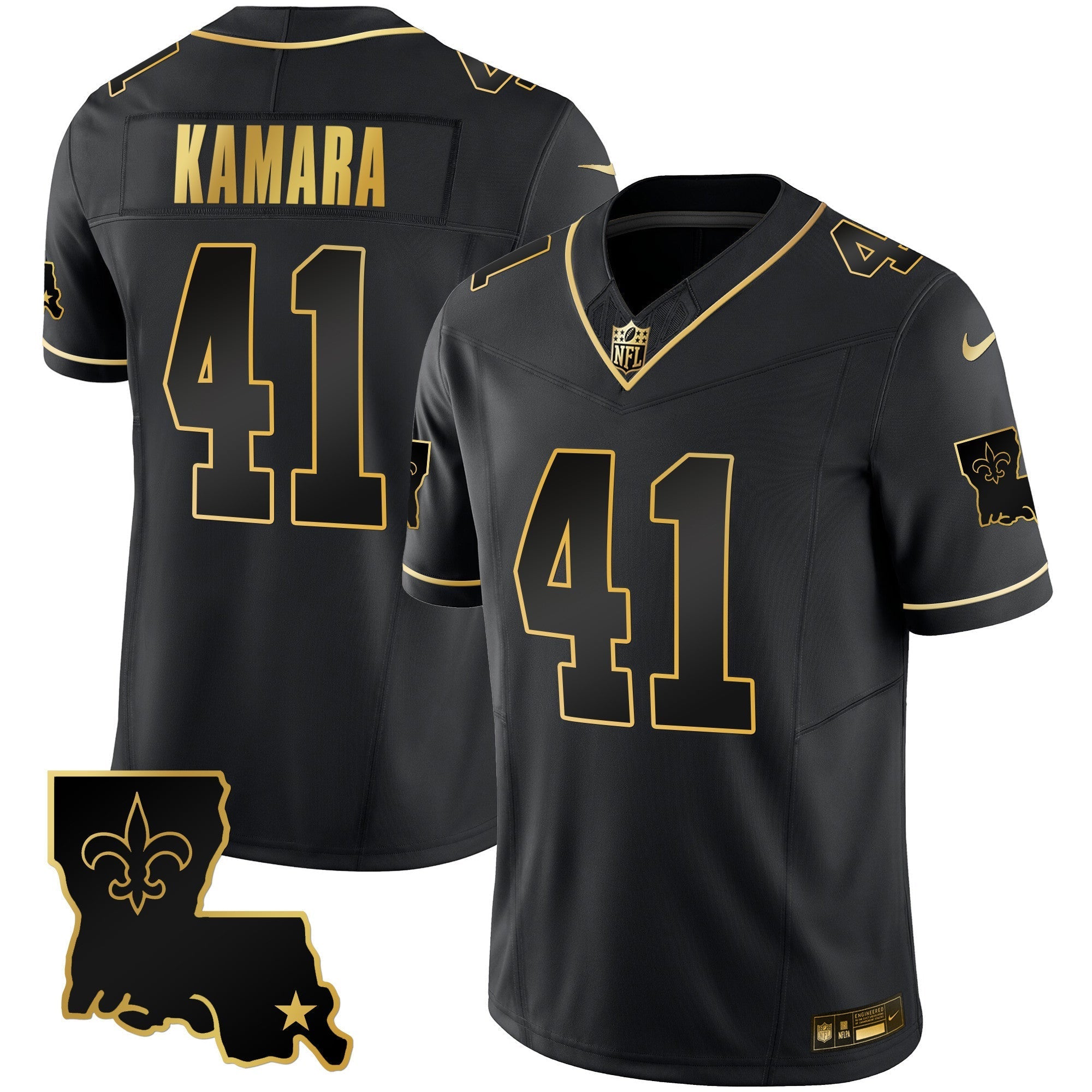 Hunk Wear - Saints 1987 Legacy Gold Vapor Jersey ' All Stitched ' Black Gold ' Alvin Kamara Jersey