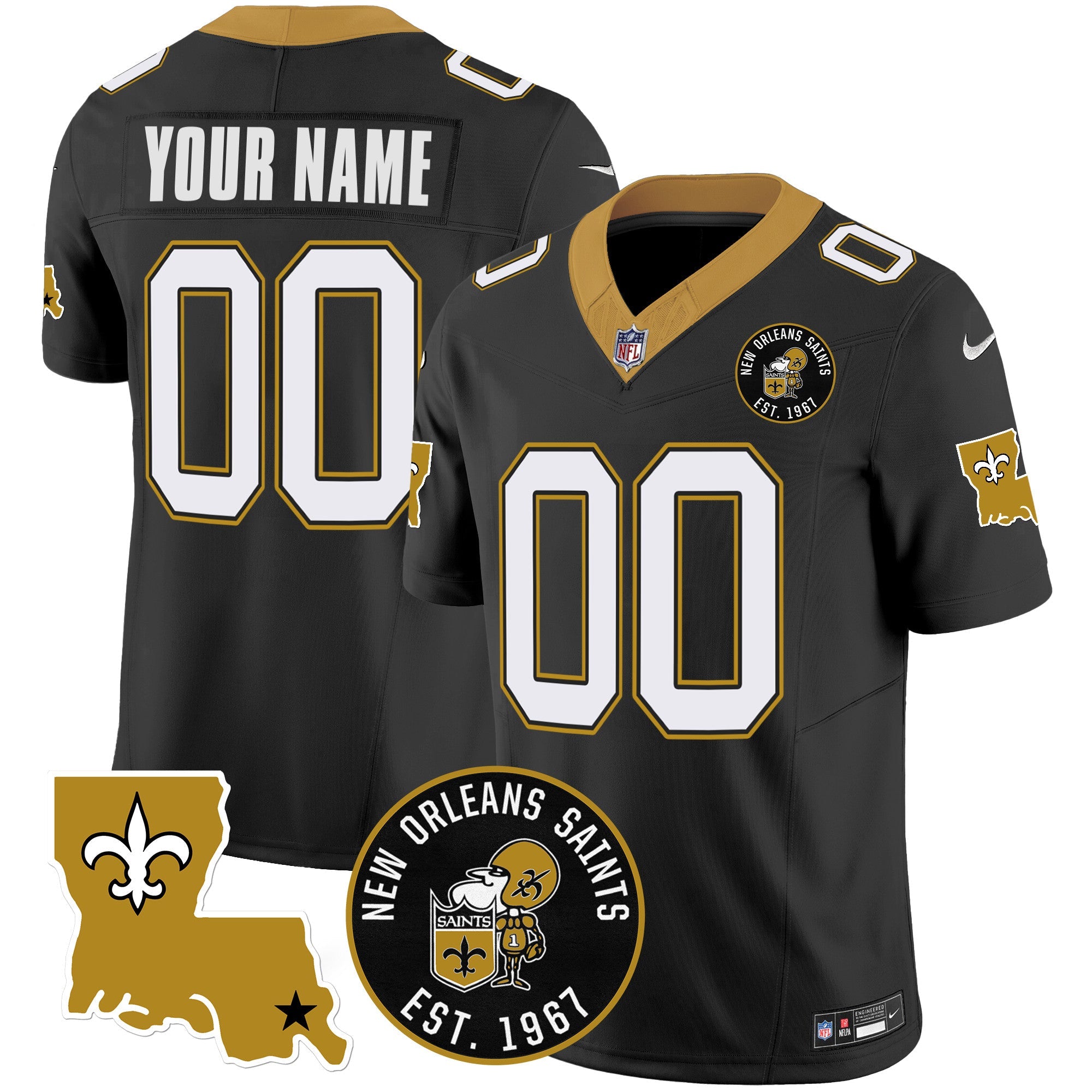 Hunk Wear - Saints EST. 1967 Patch Vapor Custom Jersey – All Stitched – Black Jersey