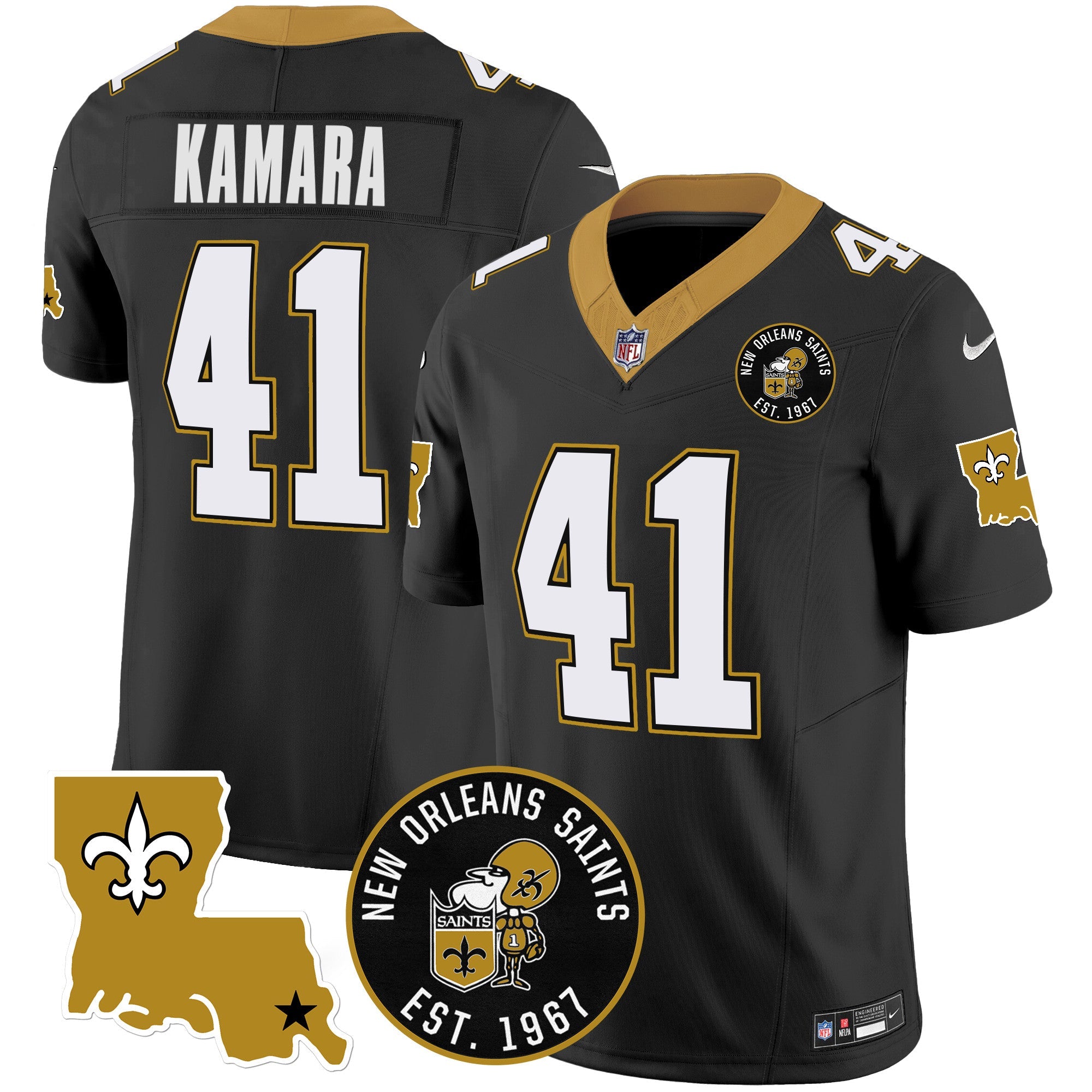 Hunk Wear - Saints EST. 1967 Patch Vapor Jersey – All Stitched – Black – Alvin Kamara Jersey