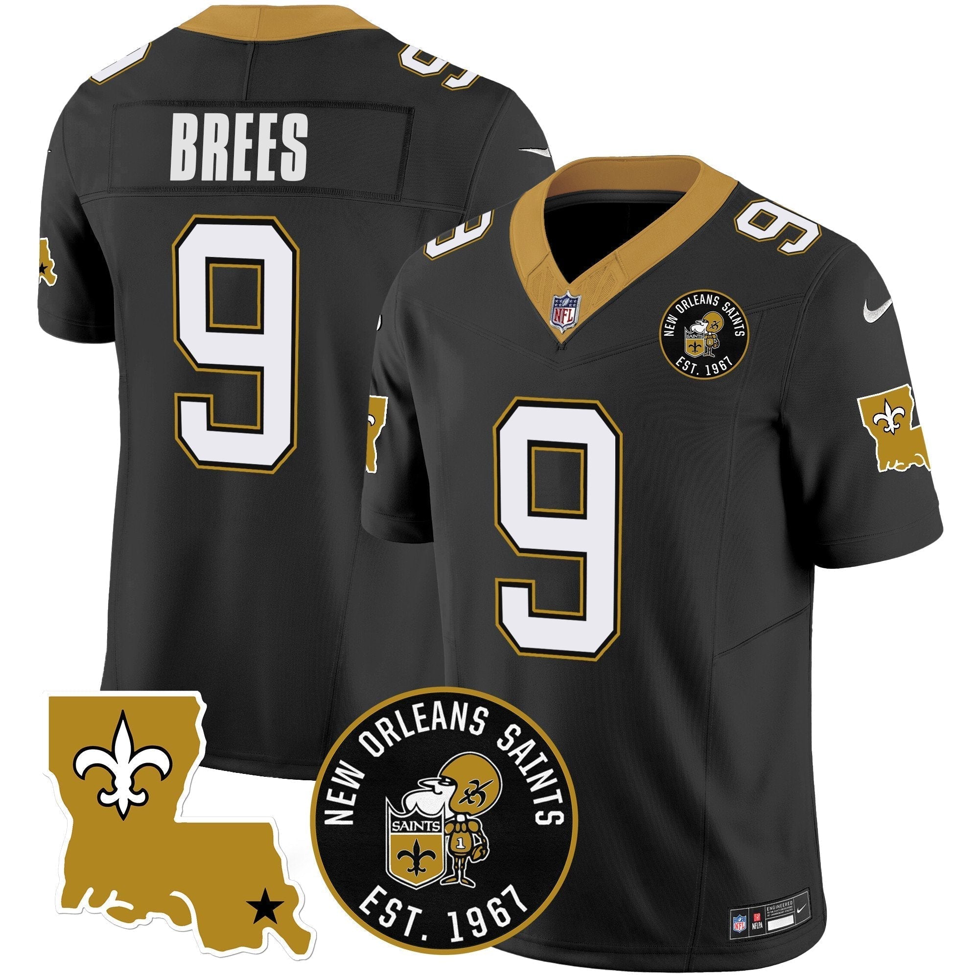 Hunk Wear - Saints EST. 1967 Patch Vapor Jersey – All Stitched – Black – Drew Brees Jersey