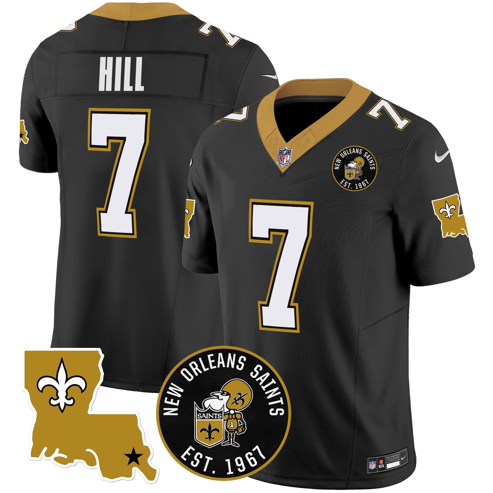 Hunk Wear - Saints EST. 1967 Patch Vapor Jersey – All Stitched – Black – Taysom Hill Jersey