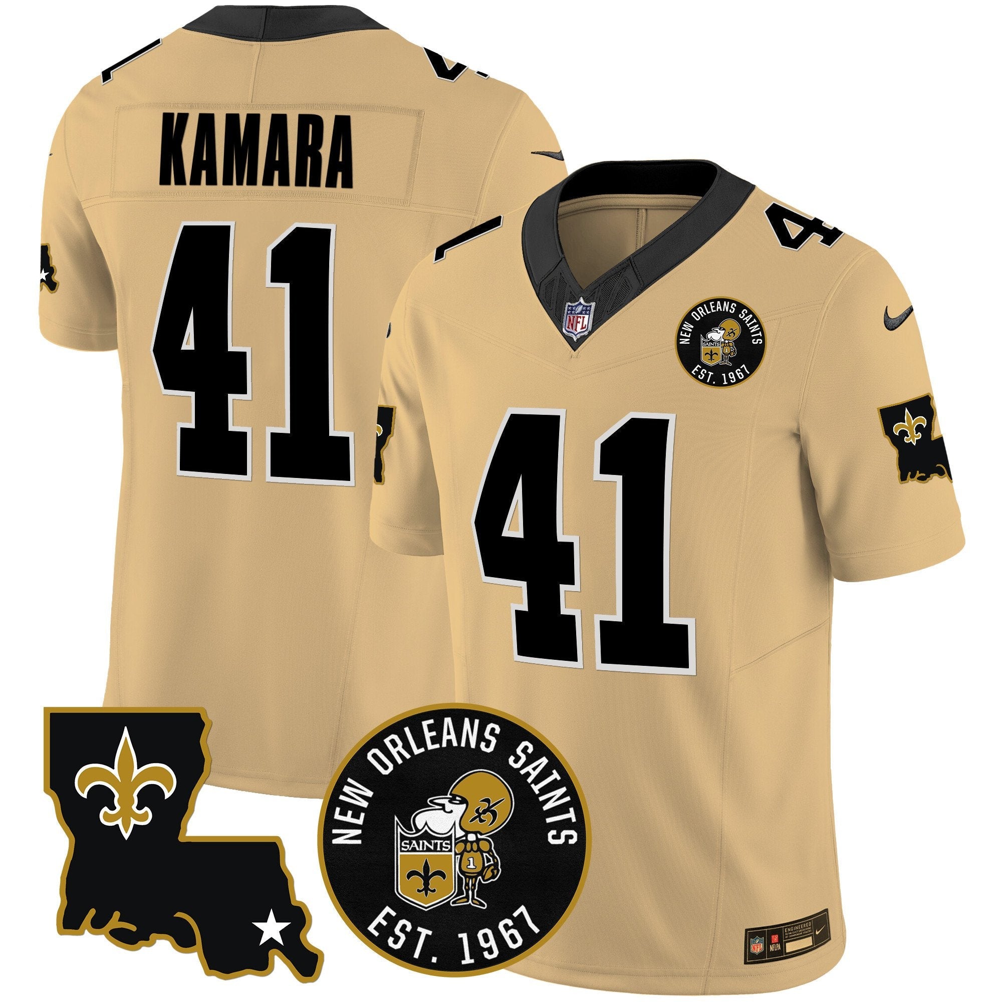 Hunk Wear - Saints EST. 1967 Patch Vapor Jersey – All Stitched – Gold – Alvin Kamara Jersey