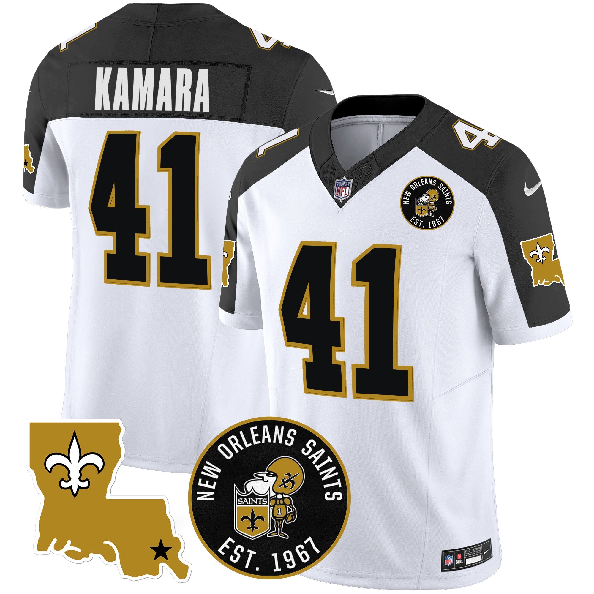 Hunk Wear - Saints EST. 1967 Patch Vapor Jersey ' All Stitched ' Inverted ' Alvin Kamara Jersey