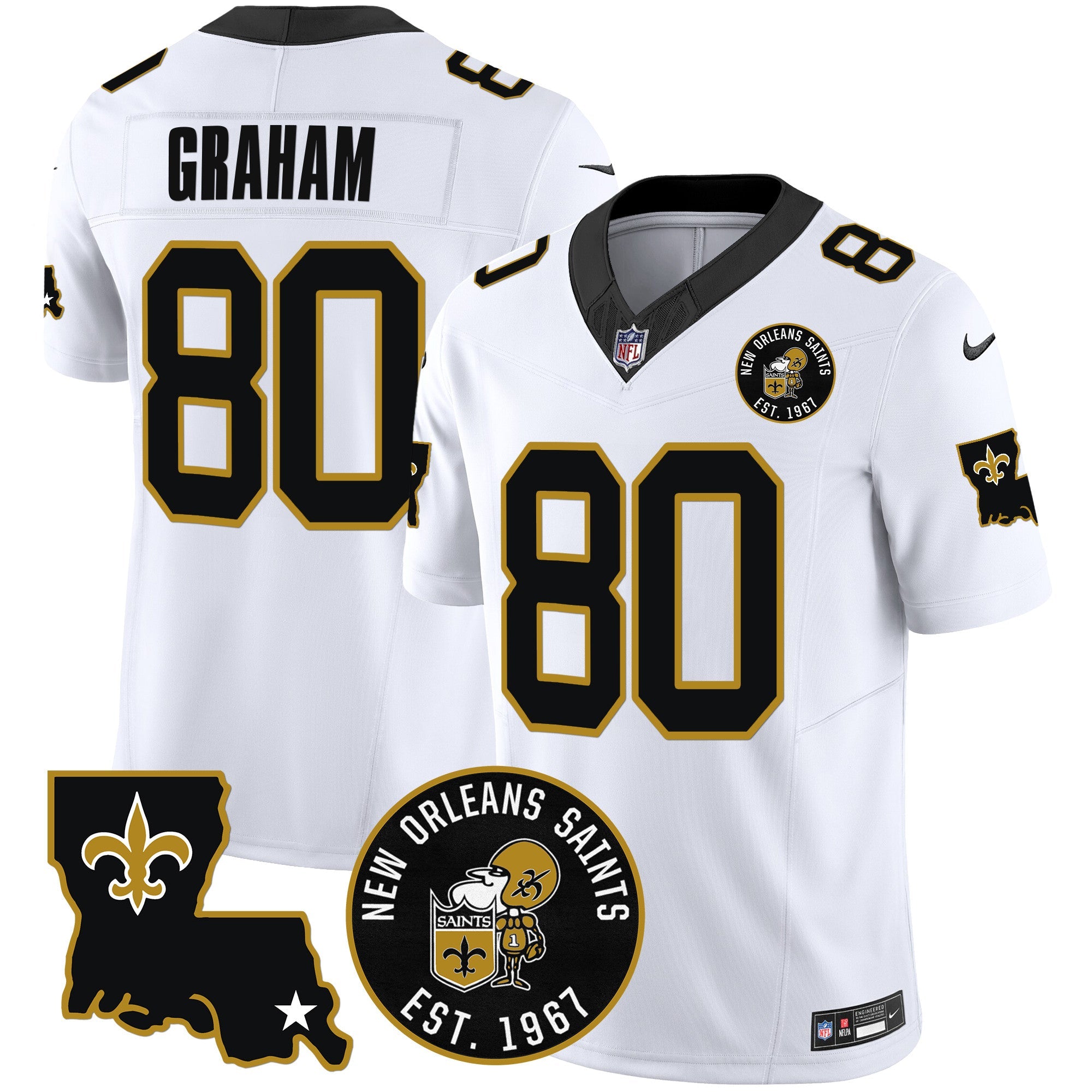 Hunk Wear - Saints EST. 1967 Patch Vapor Jersey â€“ All Stitched â€“ White â€“ Jimmy Graham Jersey
