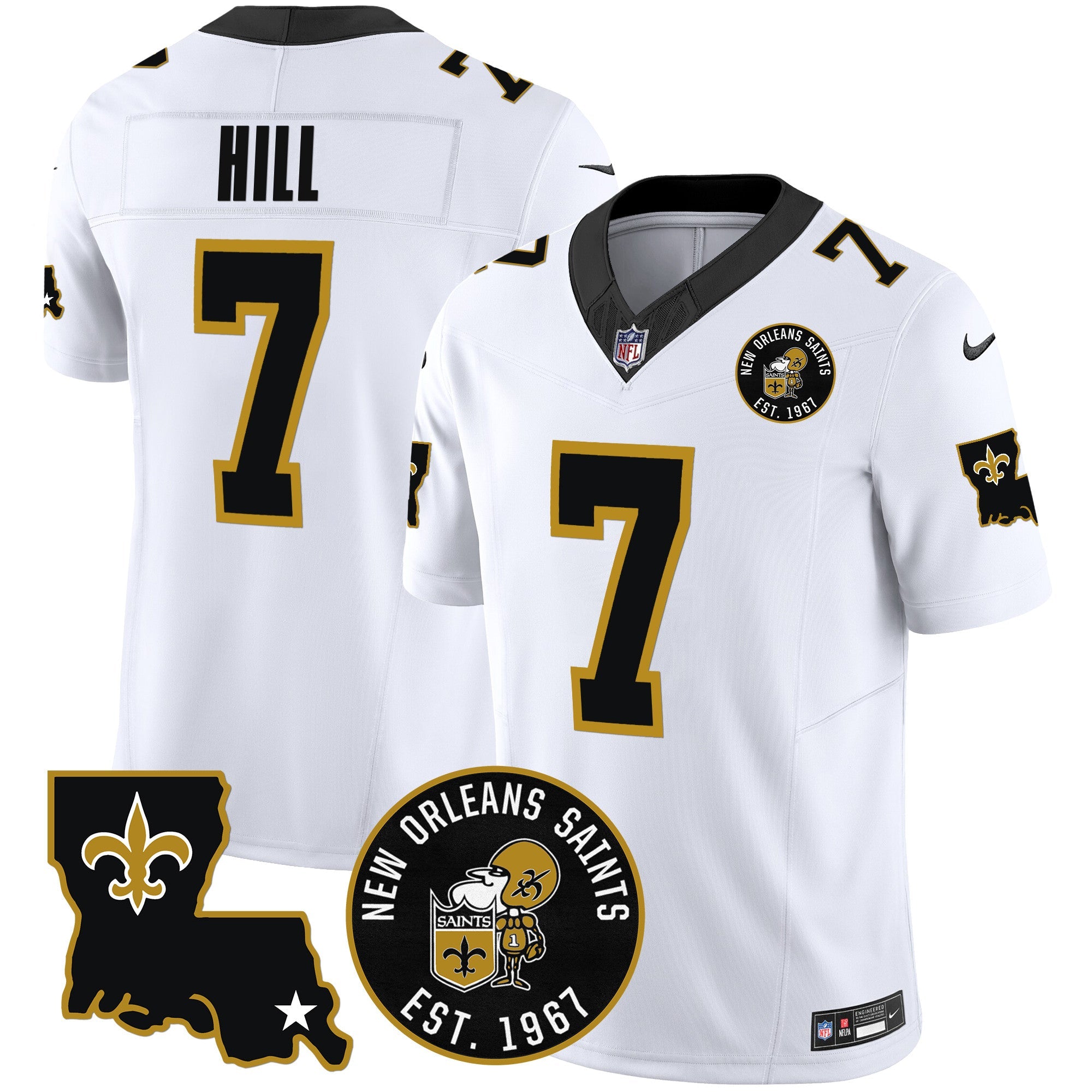 Hunk Wear - Saints EST. 1967 Patch Vapor Jersey – All Stitched – White – Taysom Hill Jersey