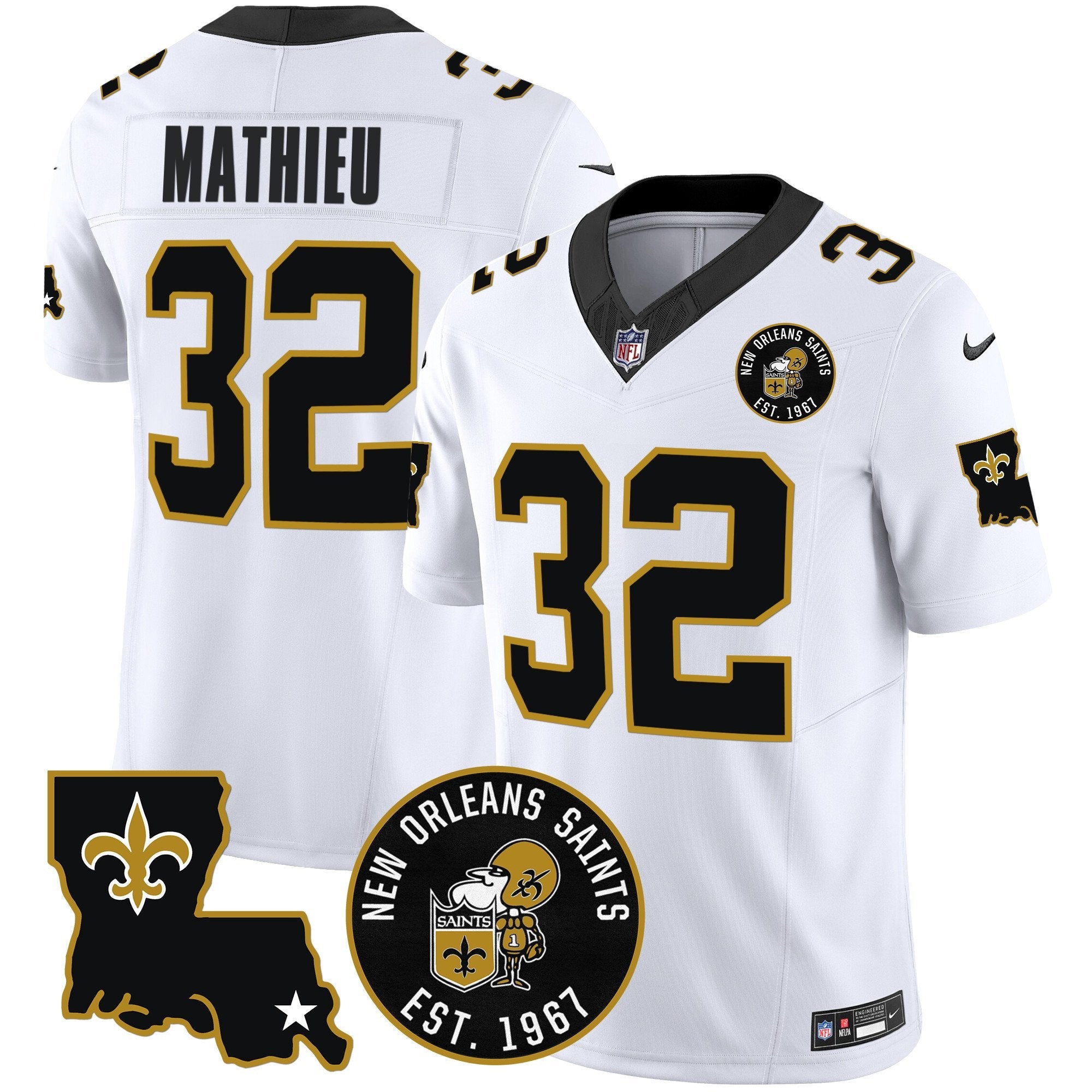Hunk Wear - Saints EST. 1967 Patch Vapor Jersey – All Stitched – White – Tyrann Mathieu Jersey
