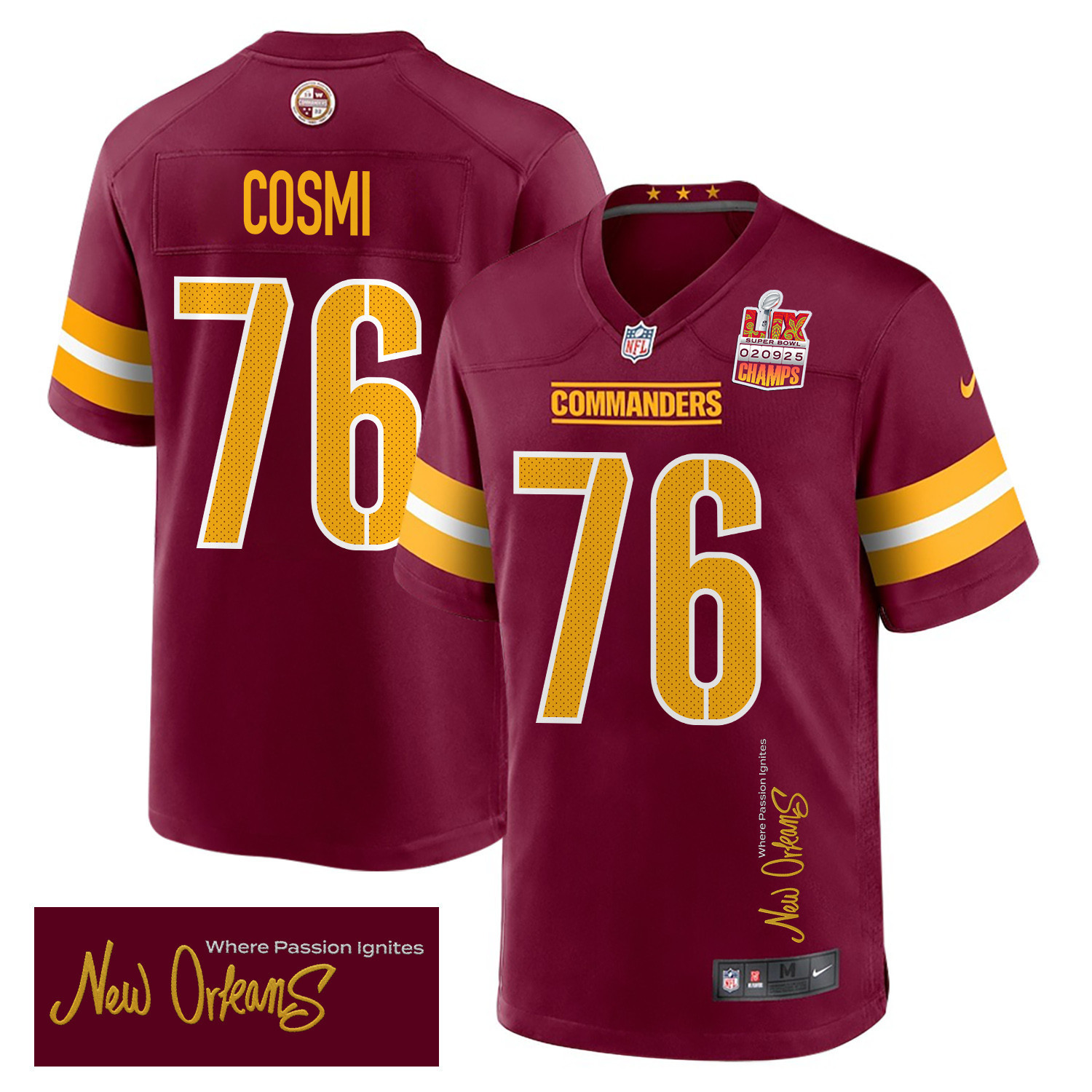 Hunk Wear - Sam Cosmi 76 Washington Commanders Super Bowl LIX Champions Patch 'New Orleans ' Where Passion Ignites' EMBROIDERED Game Men Jersey ' Burgundy