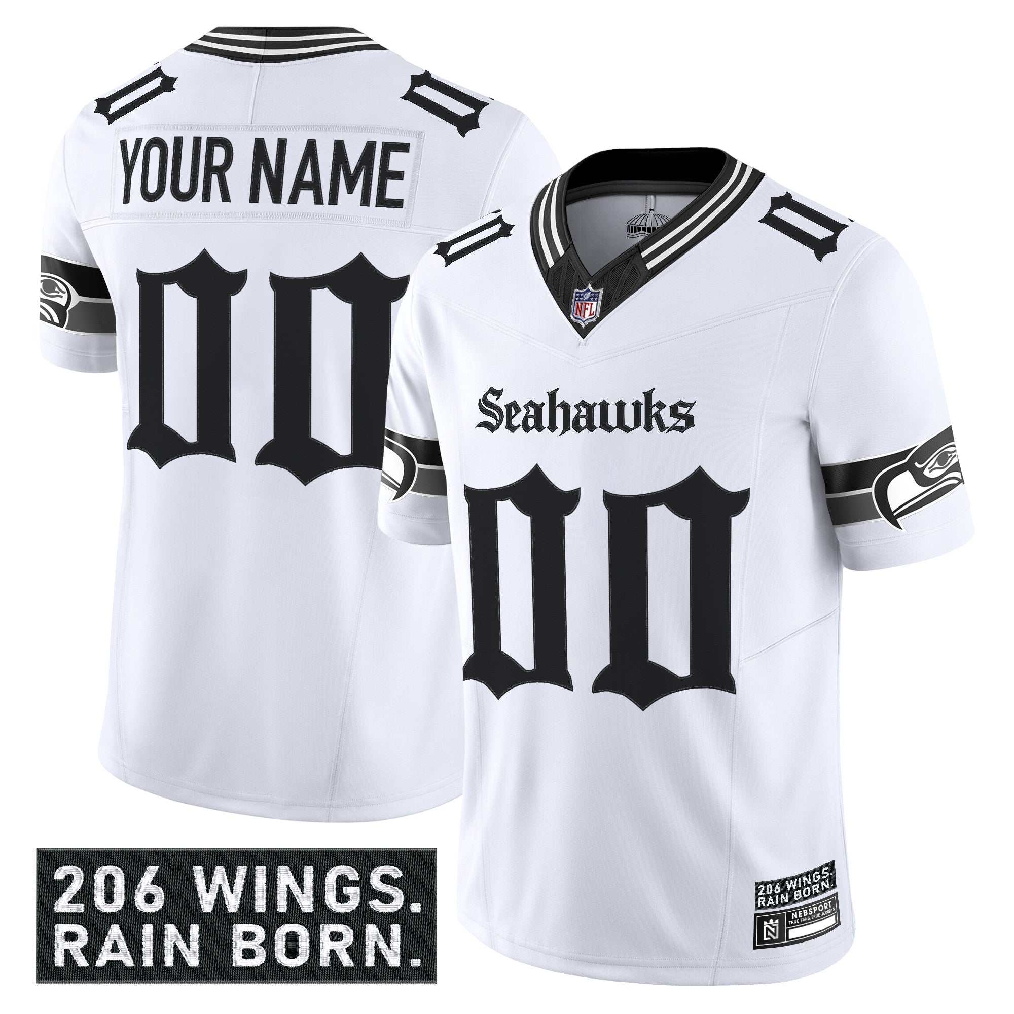 Hunk Wear - Seattle Seahawks 'Gothic Rain City Shadows Edition' Vapor Limited Custom Jersey ' All Stitched ' White Jersey