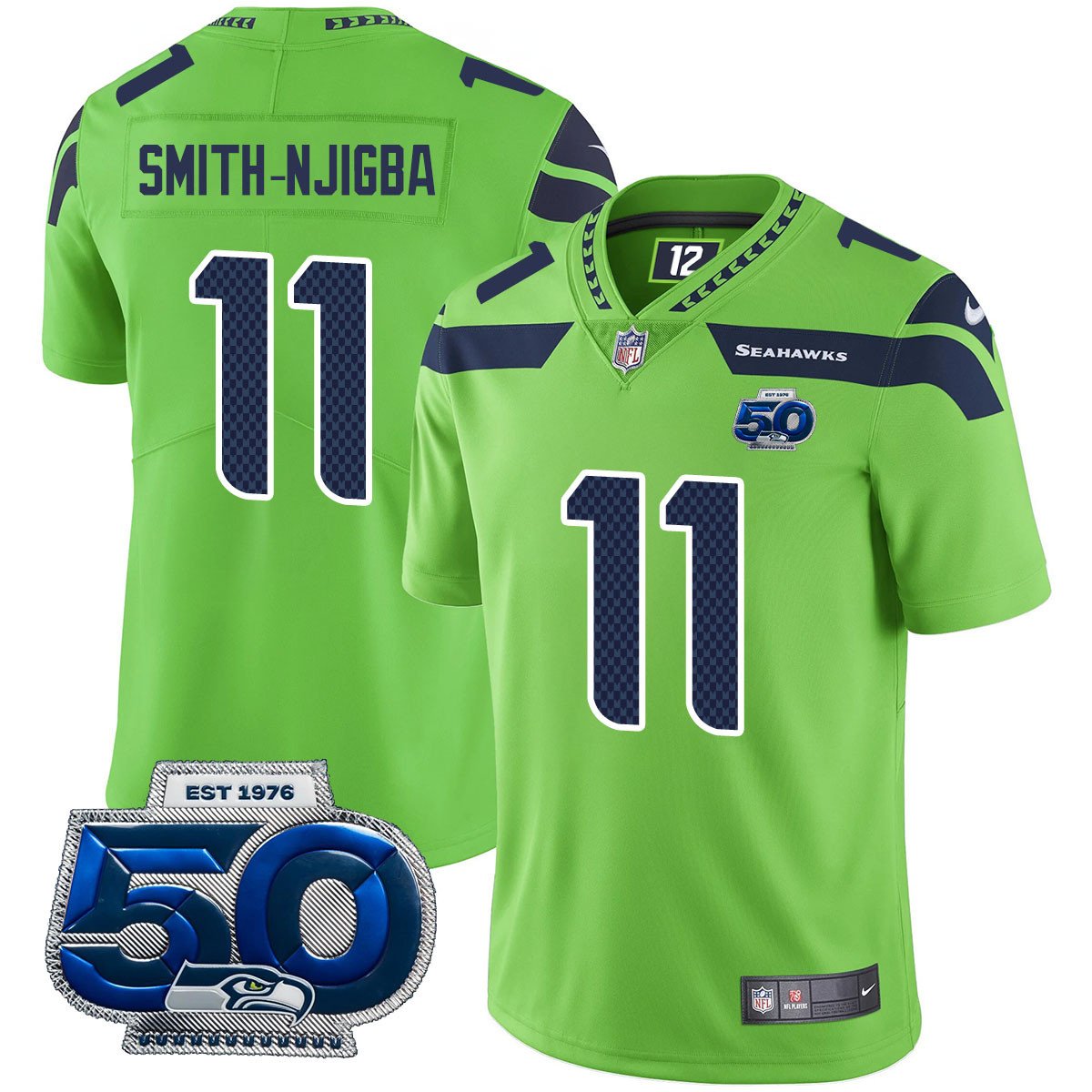 Hunk Wear - Seattle Seahawks 50th Season Vapor Limited Jersey ' All Stitched ' Green ' Jaxon Smith-Njigba Jersey