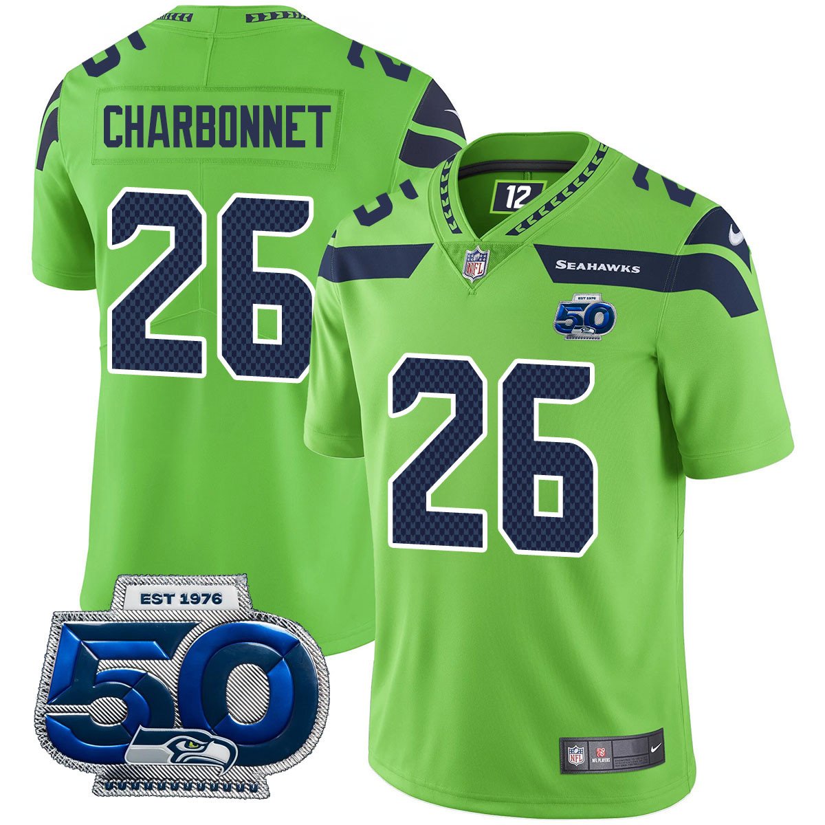 Hunk Wear - Seattle Seahawks 50th Season Vapor Limited Jersey ' All Stitched ' Green ' Zach Charbonnet Jersey