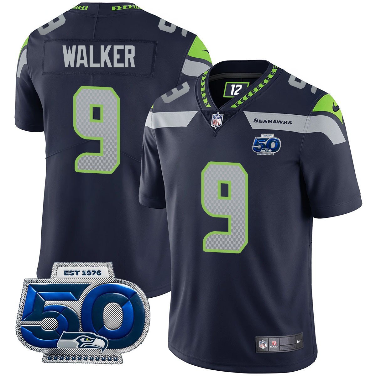 Hunk Wear - Seattle Seahawks 50th Season Vapor Limited Jersey ' All Stitched ' Navy ' Kenneth Walker III Jersey