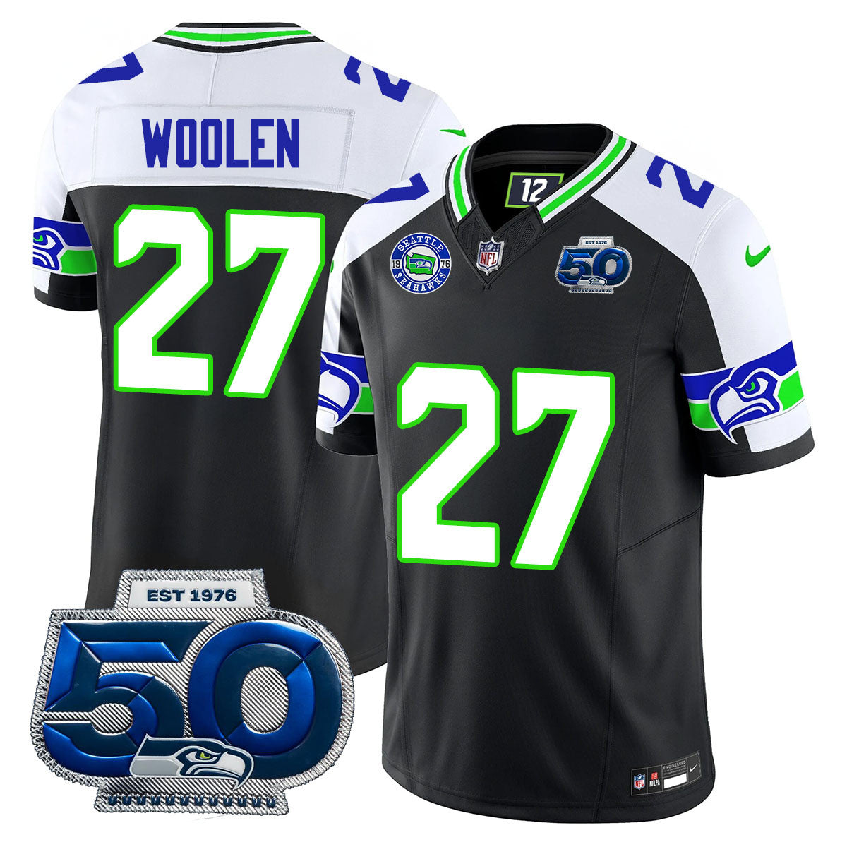 Hunk Wear - Seattle Seahawks 50th Season Vapor Limited Jersey ' All Stitcheds ' Black Alternate ' Riq Woolen Jersey